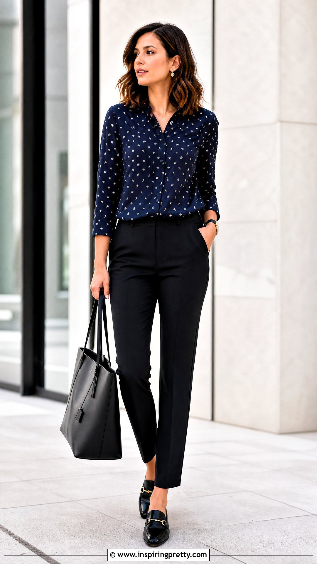Star Print Blouse With Black Trousers And Loafers - how to style star print tops (20 ways)