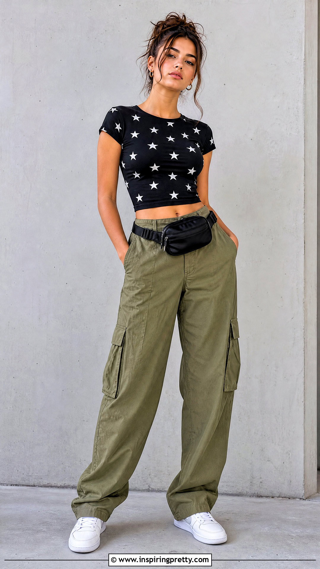 Star Print Crop Top With Cargo Pants And Sneakers - how to style star print tops (20 ways)