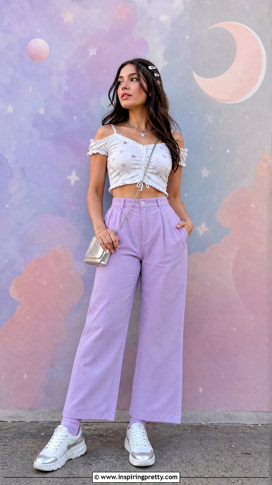 Star Print Cutecore Top With Lavender Pants - 50 Cutecore Top outfit ideas