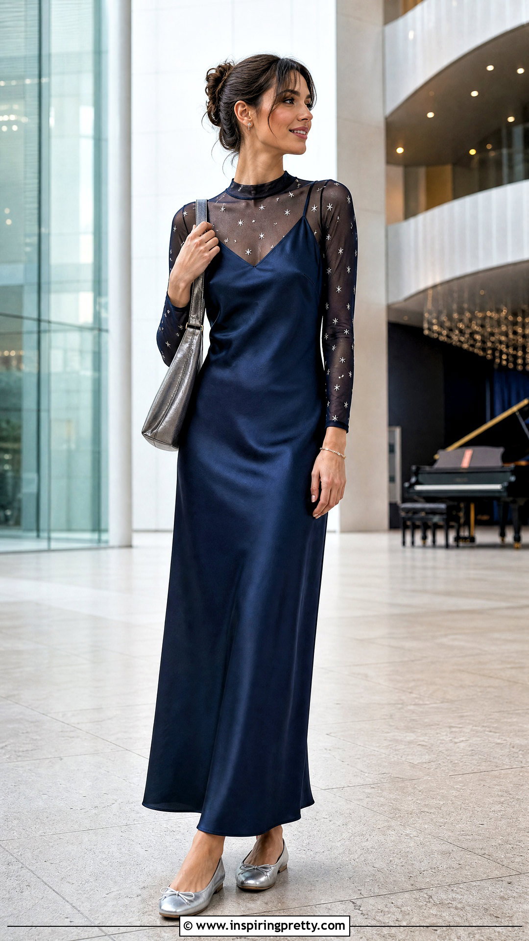 Star Print Sheer Top Under Navy Slip Dress - 20 Sheer Top Under Slip Dress outfit ideas