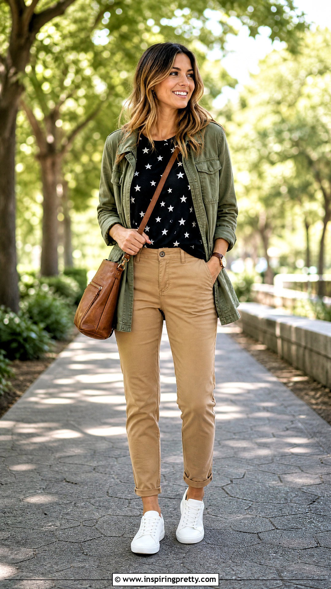 Star Print Top With Chinos And Utility Jacket - how to style star print tops (20 ways)