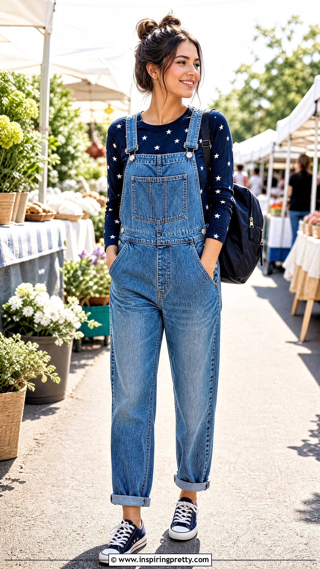 Star Print Top With Denim Overalls And Sneakers - how to style star print tops (20 ways)