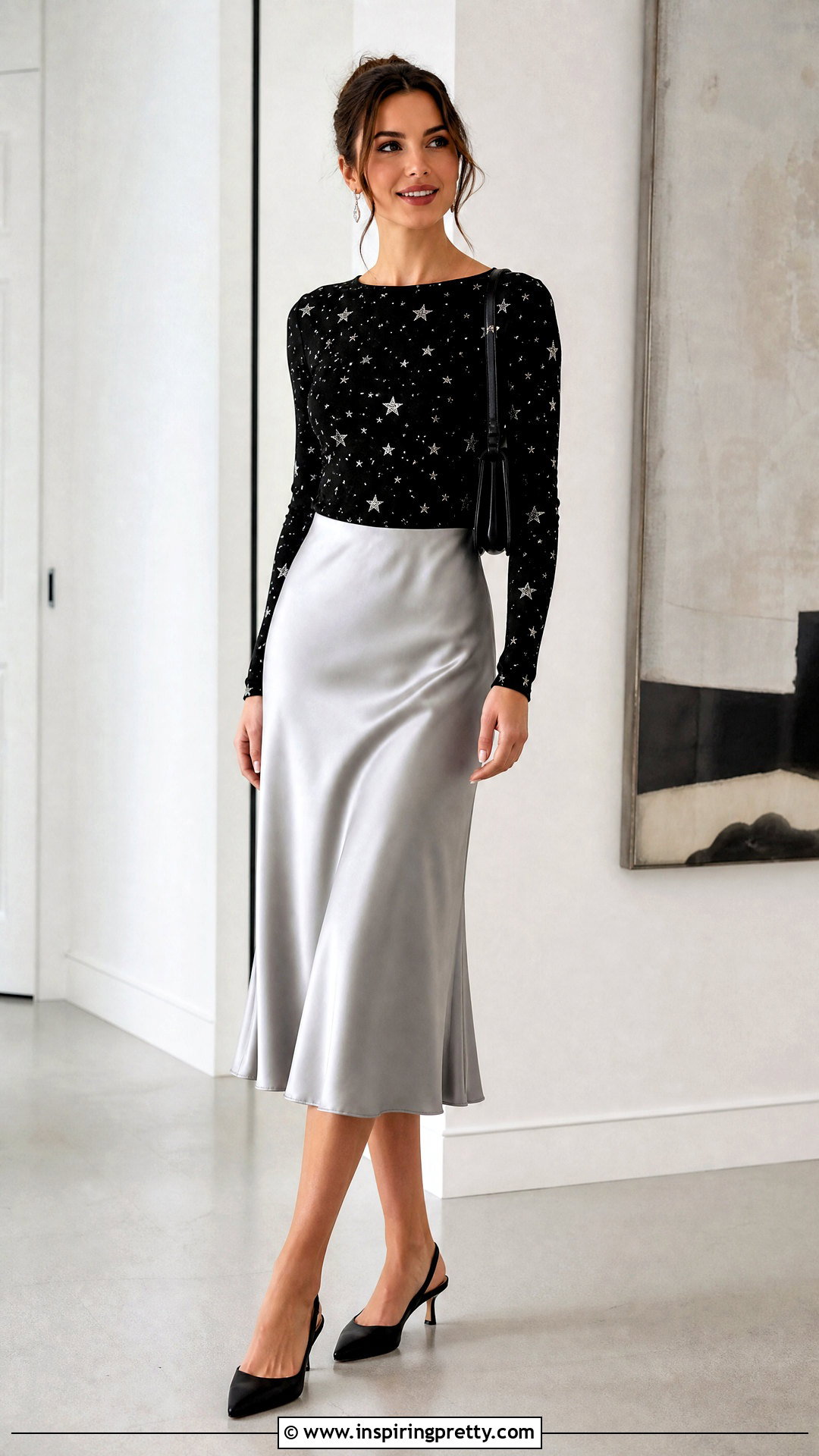 Star Print Top With Satin Midi Skirt And Heels - how to style star print tops (20 ways)