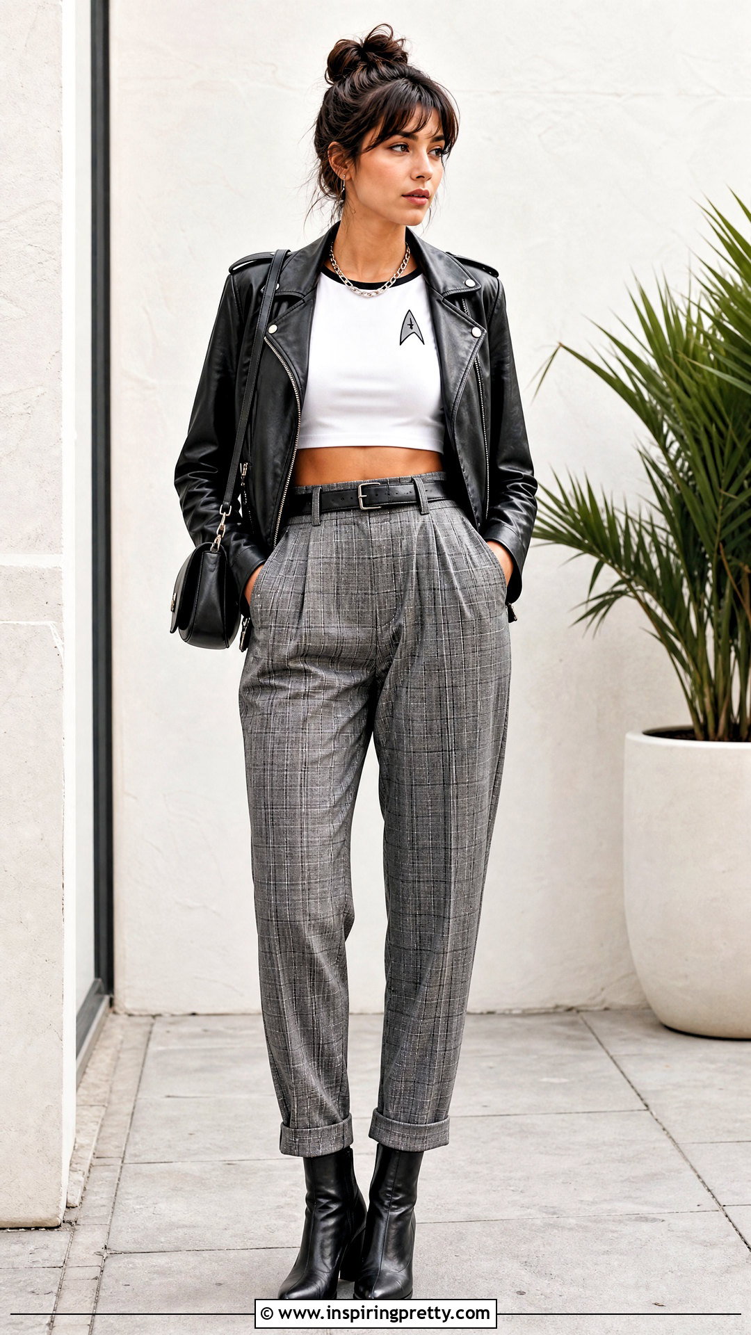 Star Trek Crop Top With Plaid Pants And Moto Jacket - 20 star trek crop top outfit ideas