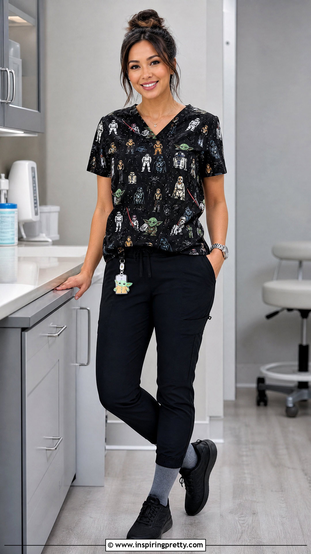 Star Wars Character Scrub Top With Black Scrub Pants - 20 character scrub tops outfit ideas