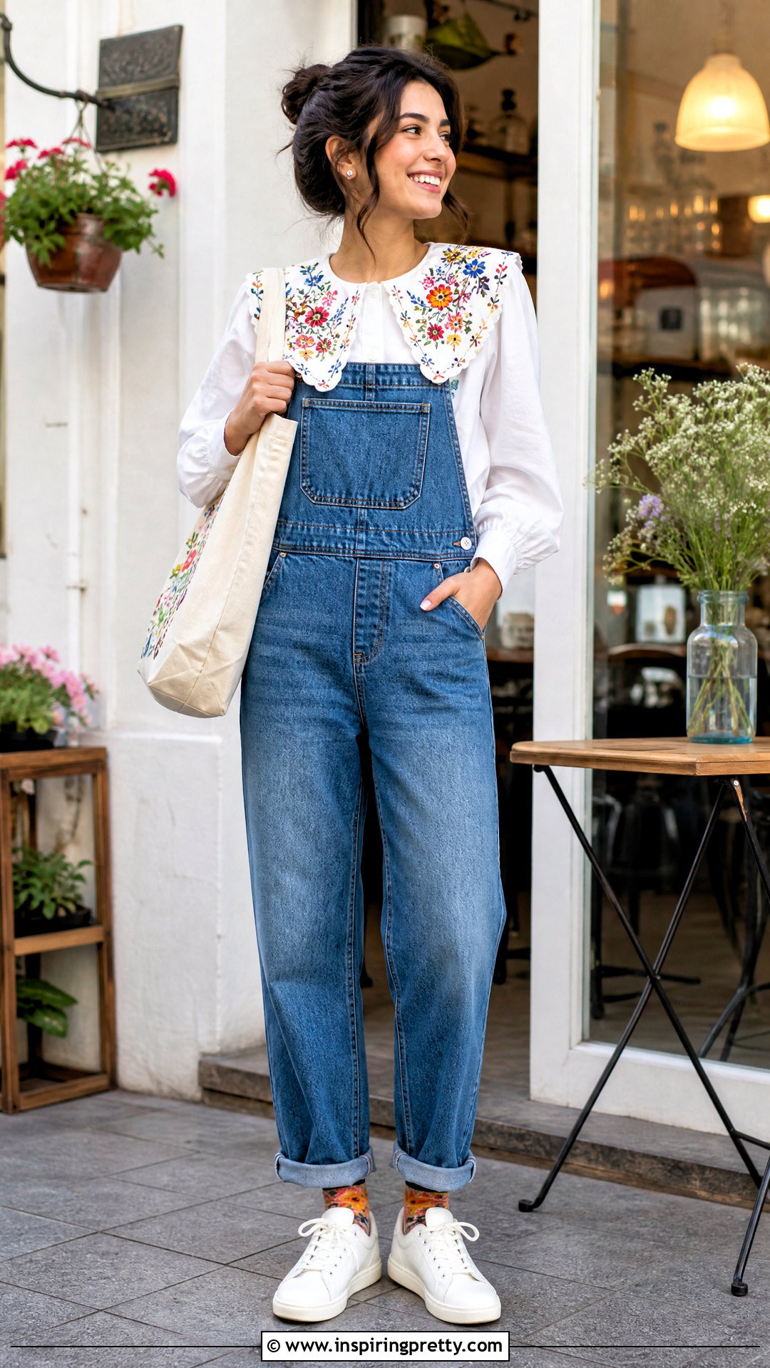 Statement Collar Blouse With Denim Overalls - 50 whimsical tops outfit ideas