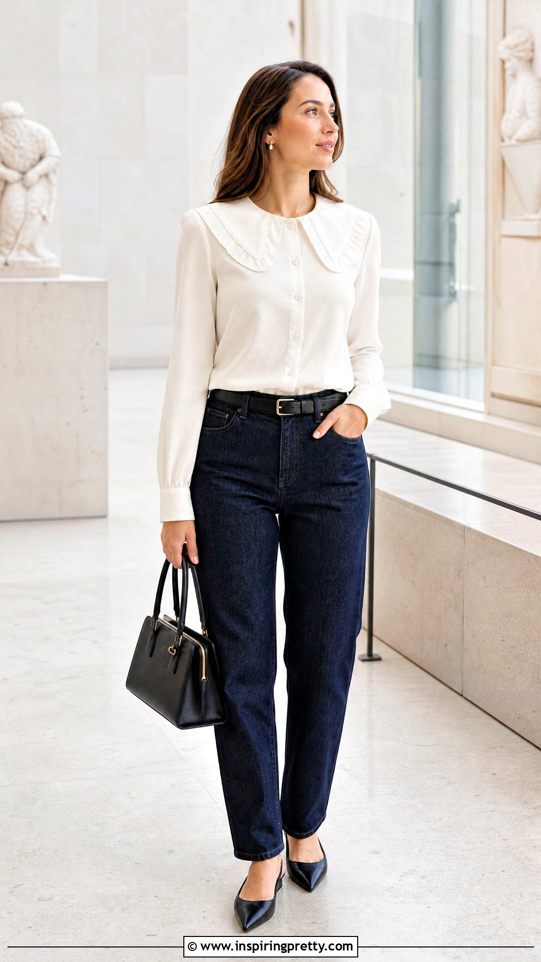Statement Collar Top With Tailored Jeans - 50 elegant tops outfit ideas