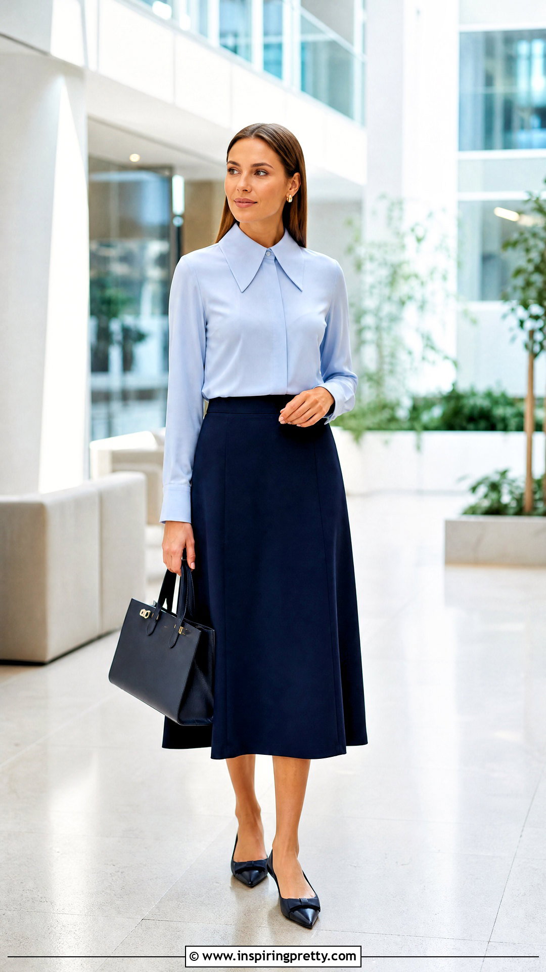Statement Collar Work Top With Midi Skirt - 25 Trendy Work Tops outfit ideas