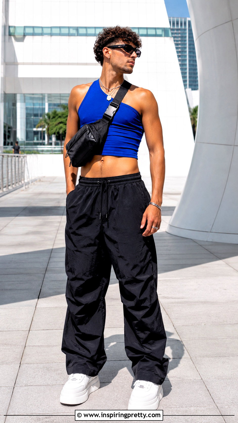 Statement Crop Top With Parachute Pants And Platform Sneakers - 20 men’s crop tops outfit ideas