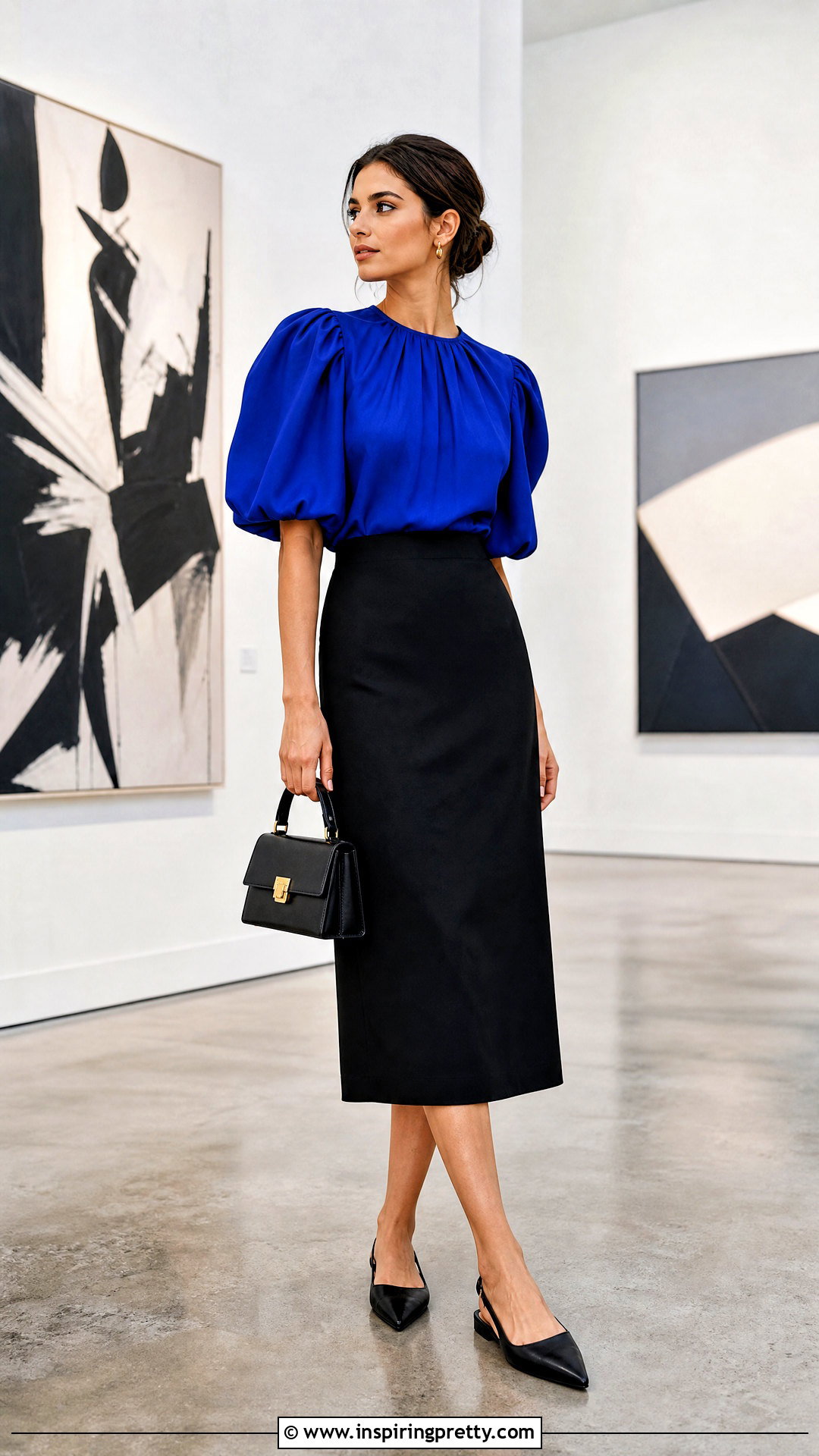 Statement Sleeve Top With Black Midi Skirt - 50 cute tops aesthetic ideas