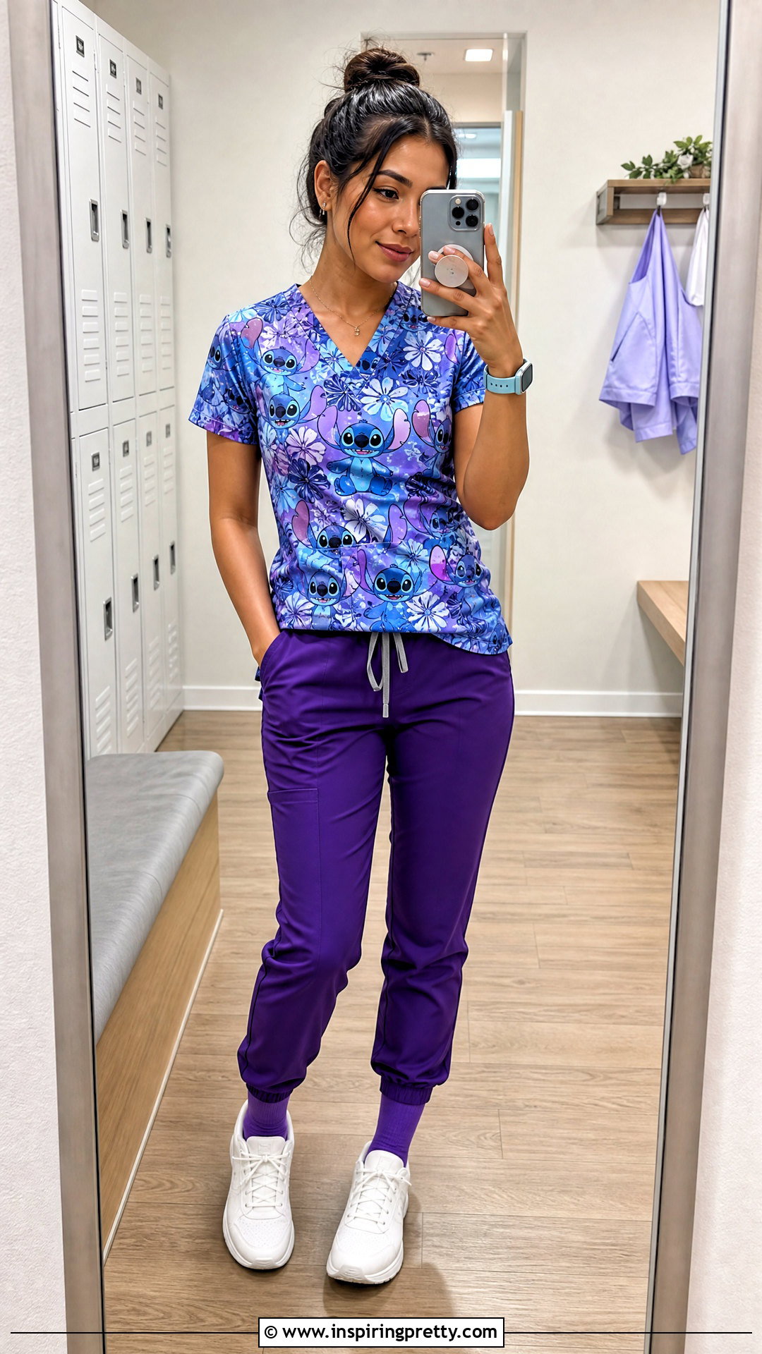 Stitch Character Scrub Top With Purple Joggers - 20 character scrub tops outfit ideas