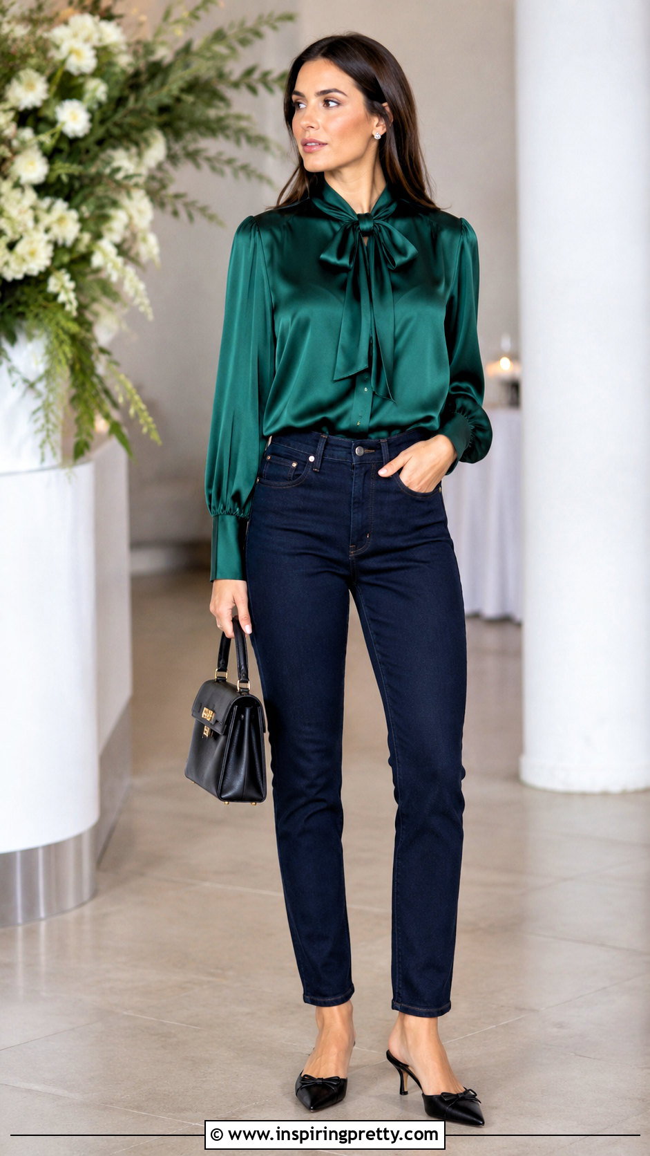 Straight Jeans And Bow Neck Blouse - 50 jeans and a nice top night out