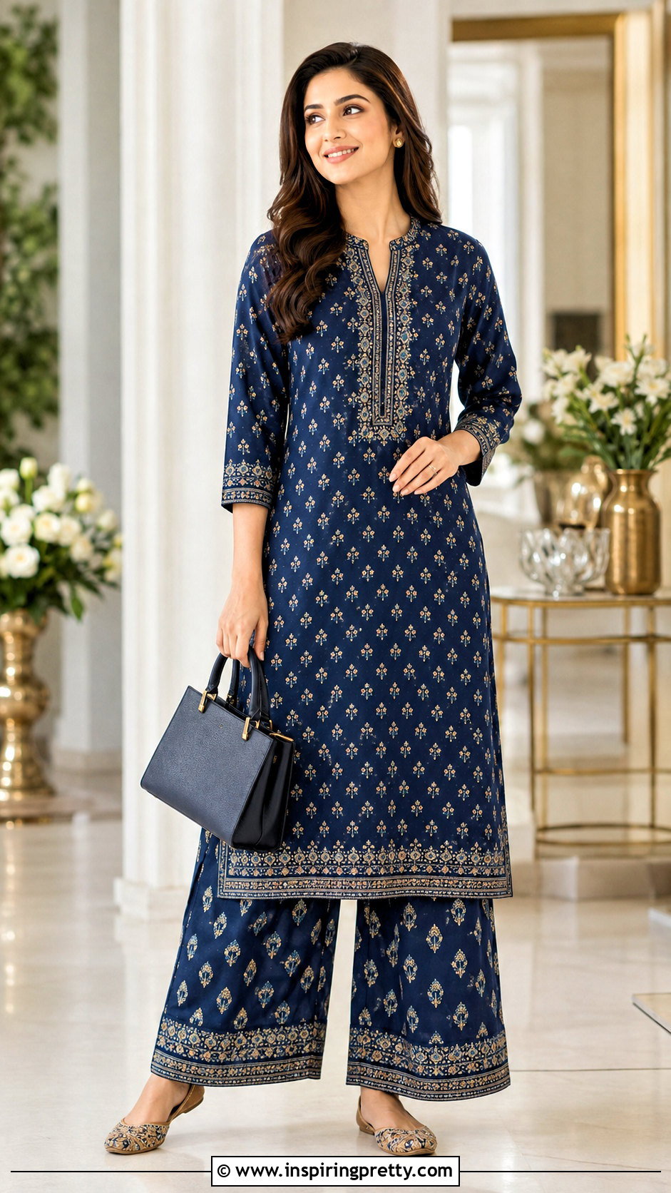 Straight Kurti With Matching Palazzo Pants - 50 kurti tops outfit ideas