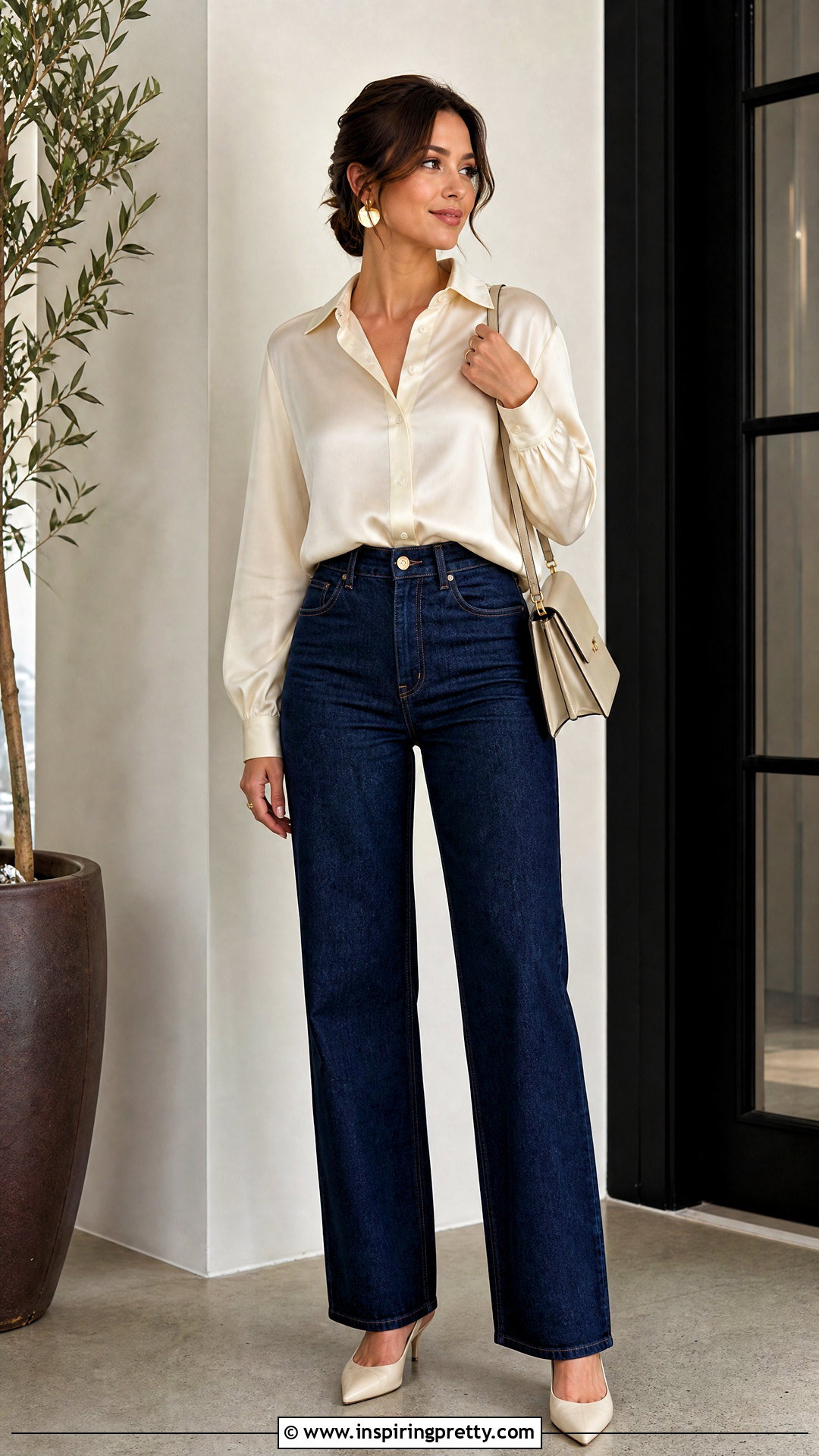 Straight Leg Jeans And A Satin Blouse - 50 jeans and a nice top
