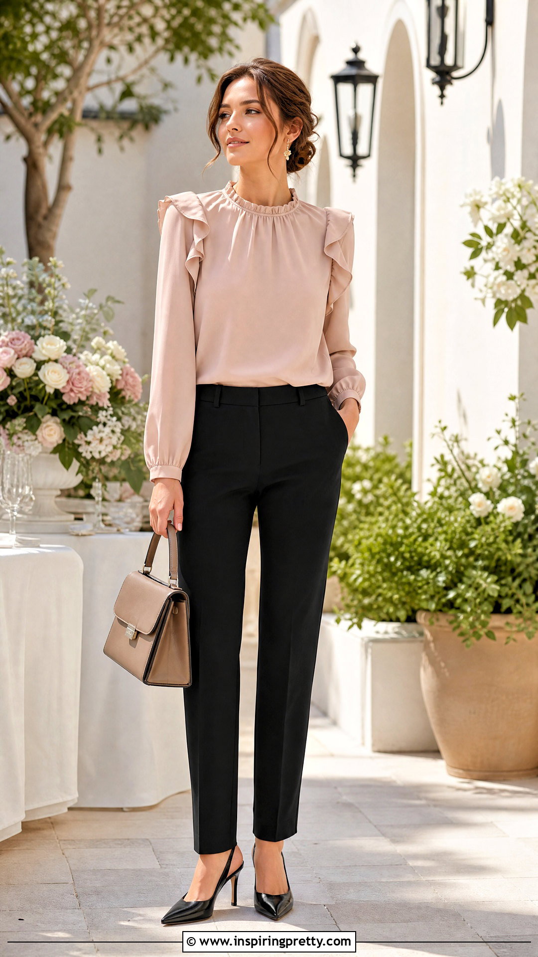 Straight Pants And Ruffle Blouse - 50 pants and top outfit classy ideas