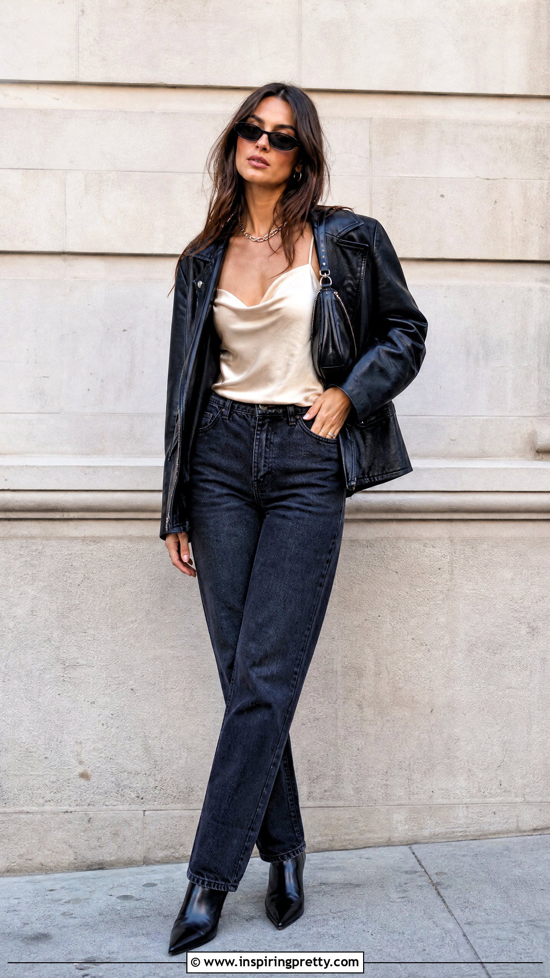 Strap Top With Leather Jacket And Jeans - 50 strap top outfit ideas