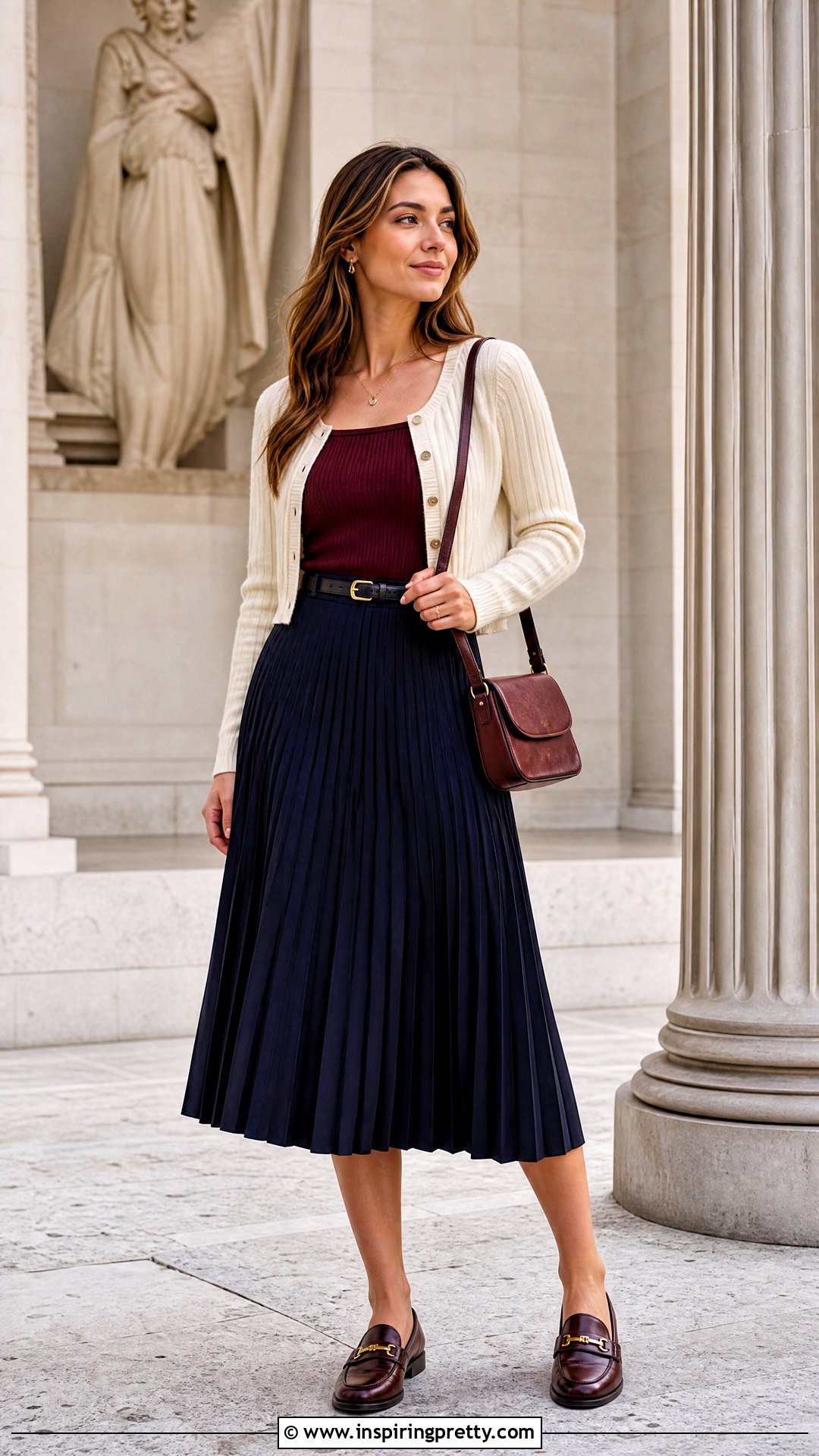 Strap Top With Pleated Skirt And Loafers - 50 strap top outfit ideas