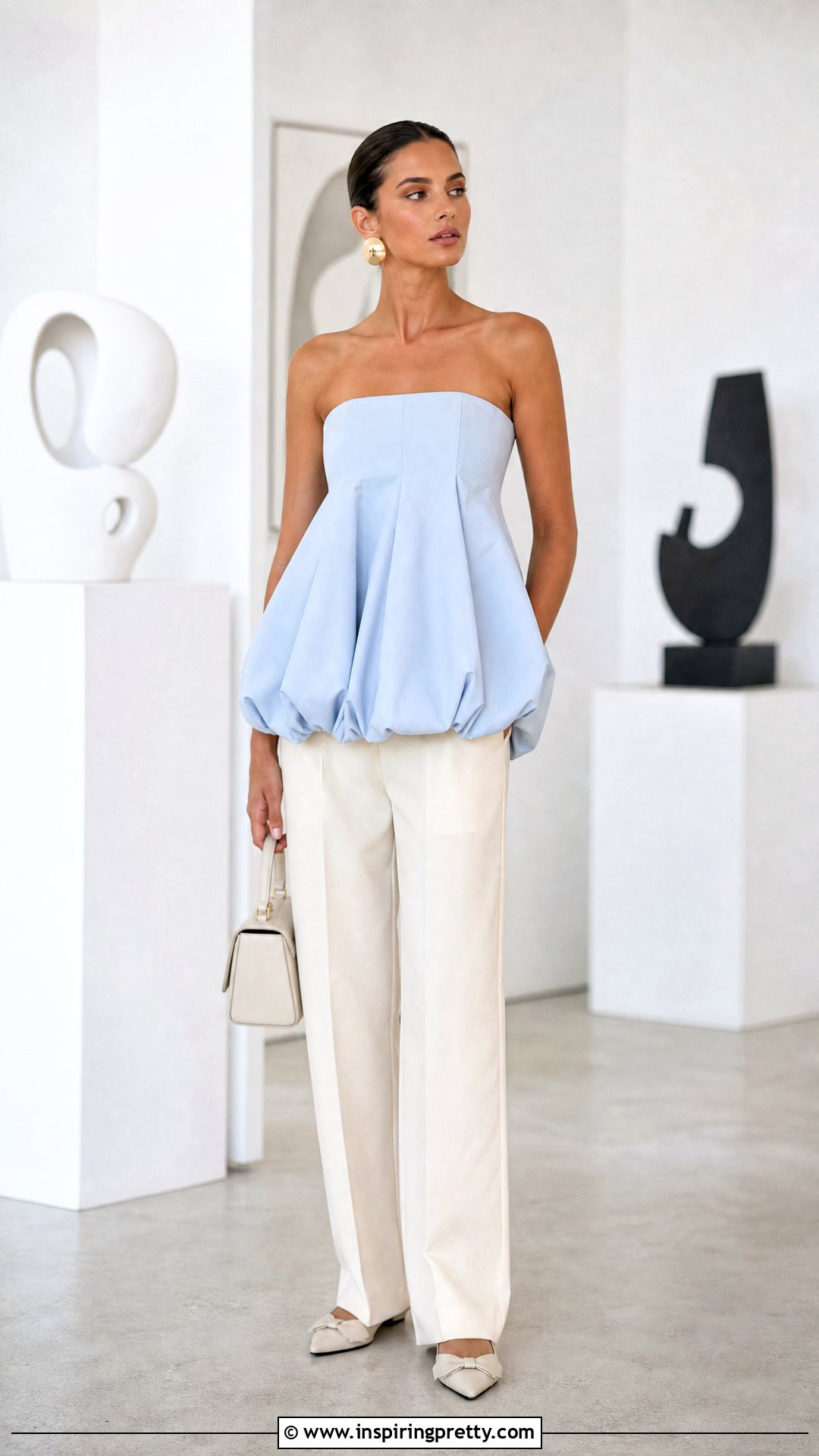 Strapless Bubble Top With Straight Pants - 50 strapless top outfit ideas