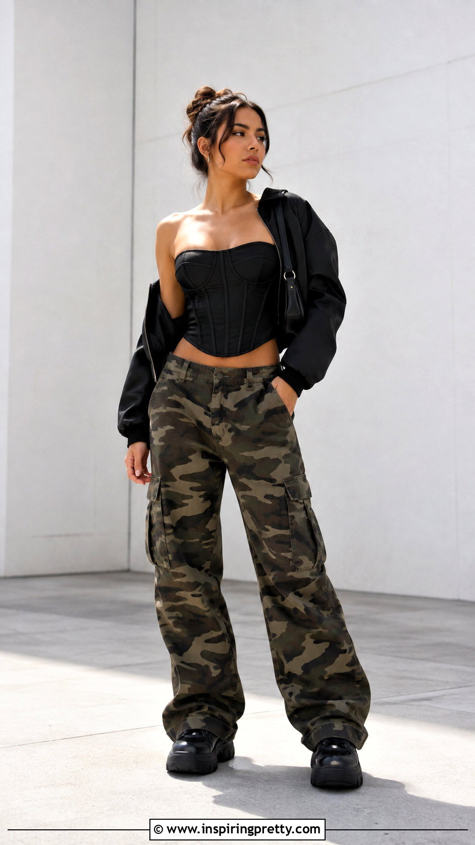 Strapless Corset Top With Camo Cargo Pants - 25 Cargo Corset Top outfit ideas