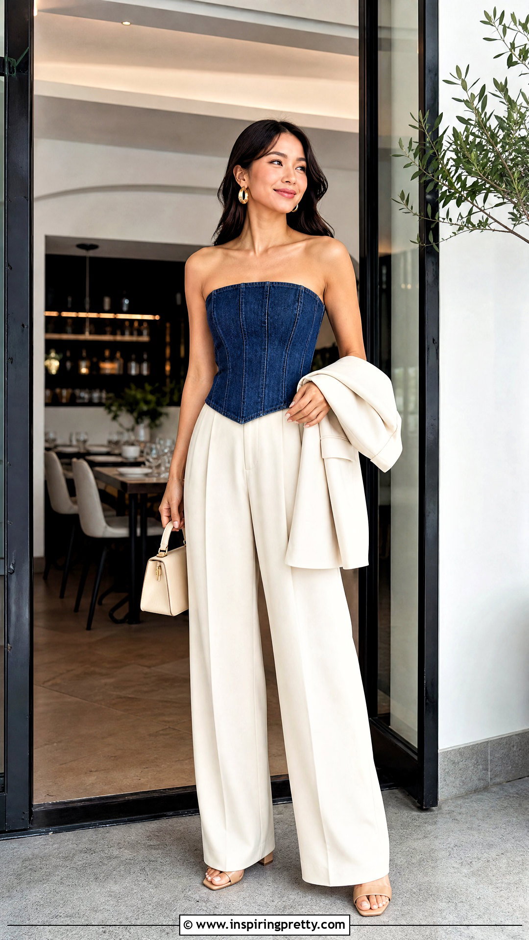 Strapless Denim Top With Cream Trousers - 50 denim top styling ideas