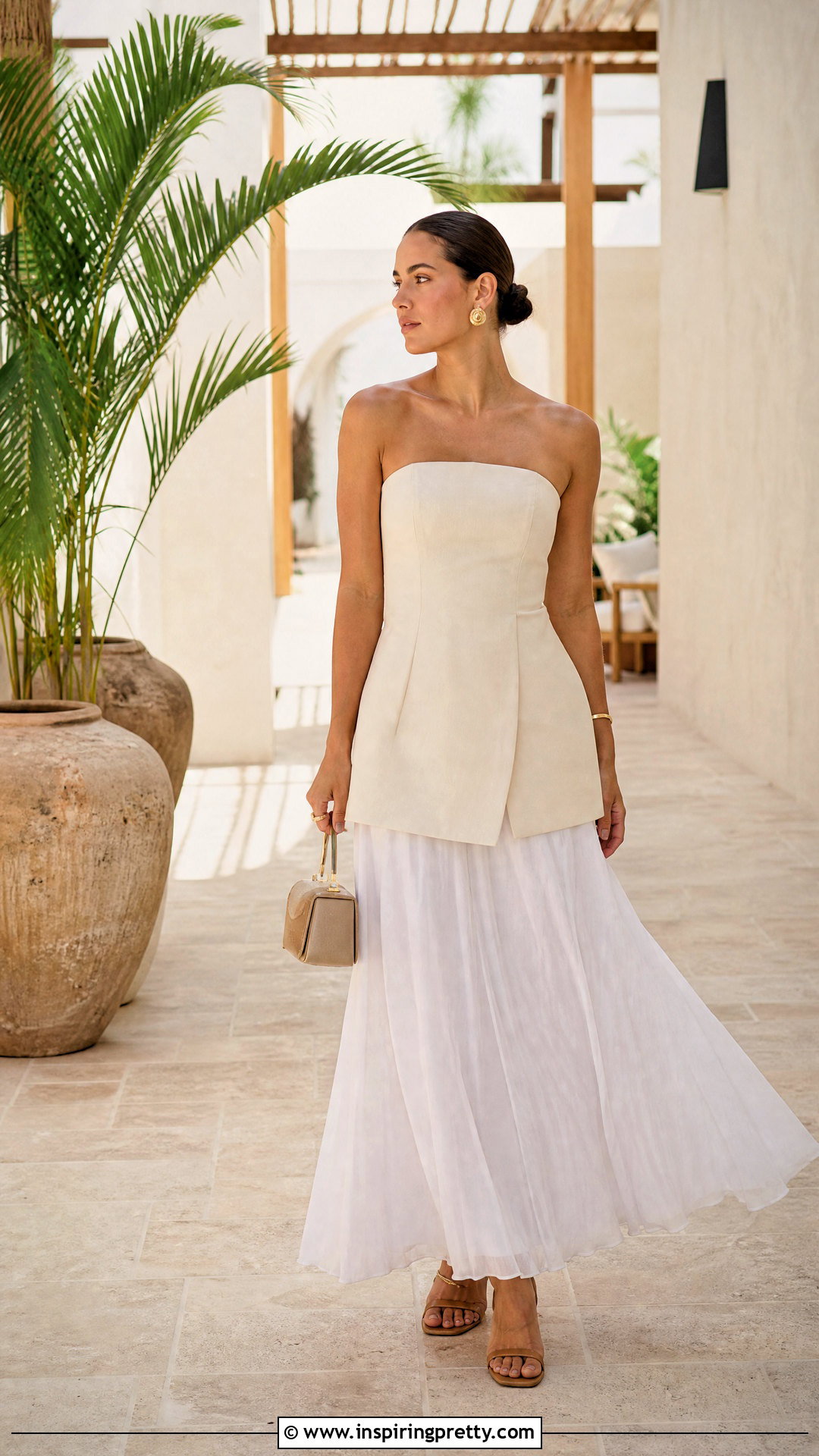 Strapless Long Tunic Top With Gauzy Maxi Skirt - 50 Long Tube Top Outfit ideas