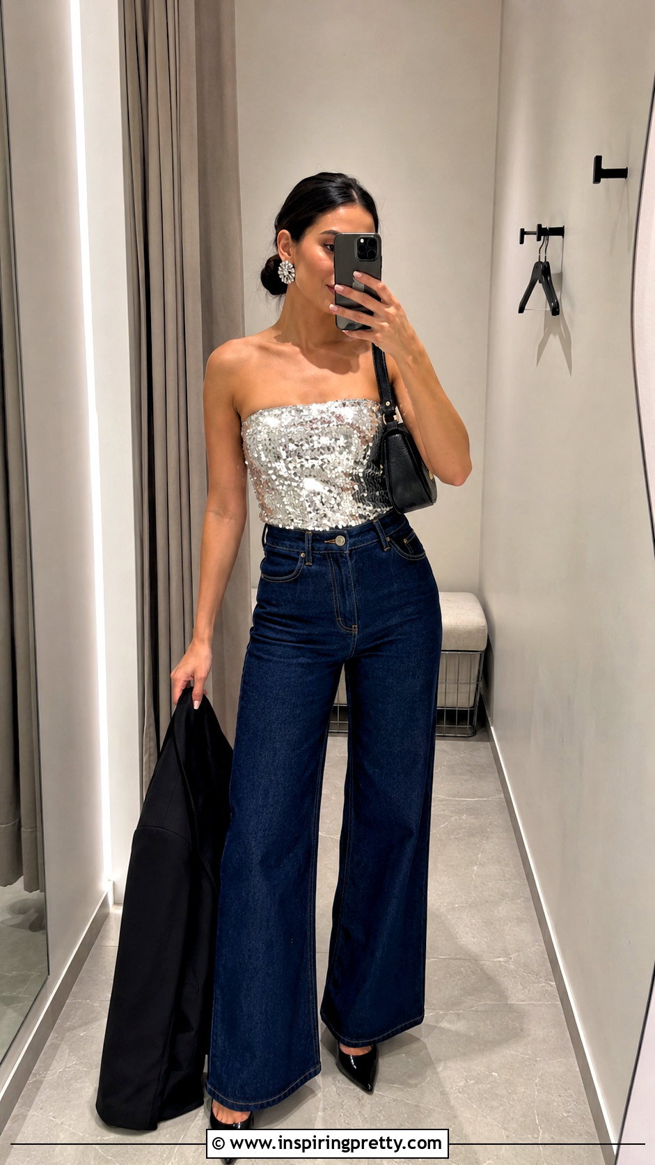 Strapless Sequin Top And Wide Leg Jeans Outfit - 20 sequin top fashion trends