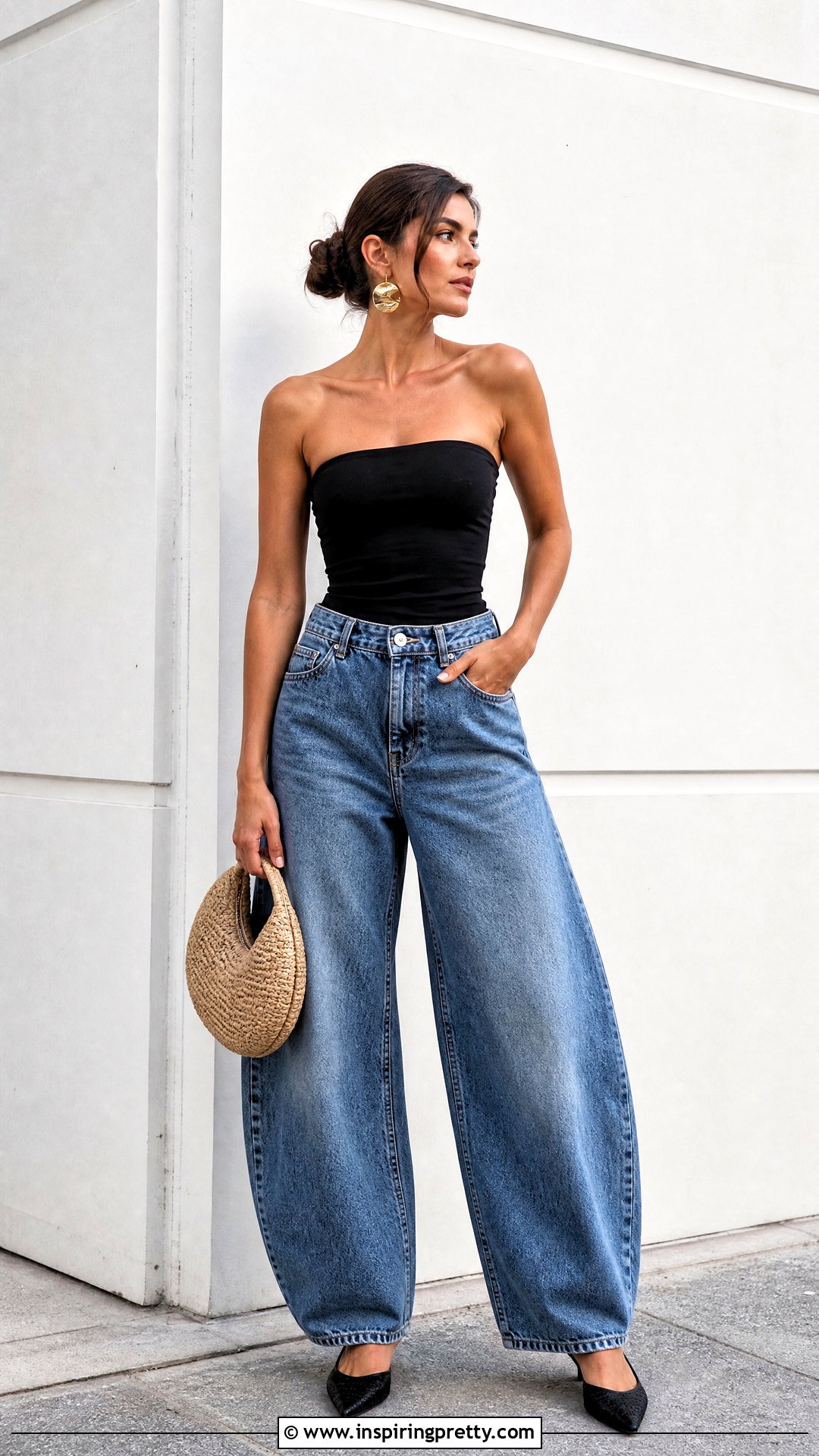 Strapless Top With Barrel Leg Jeans - 50 strapless top outfit ideas