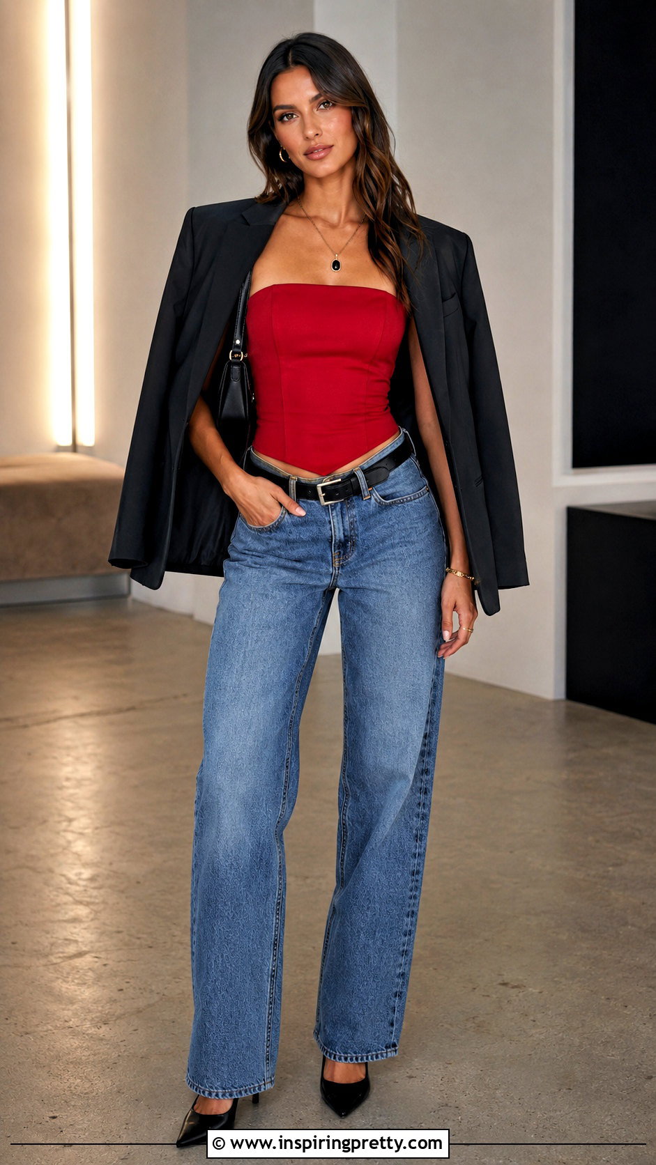 Strapless Top With Relaxed Jeans - 50 jeans and top outfit going out ideas