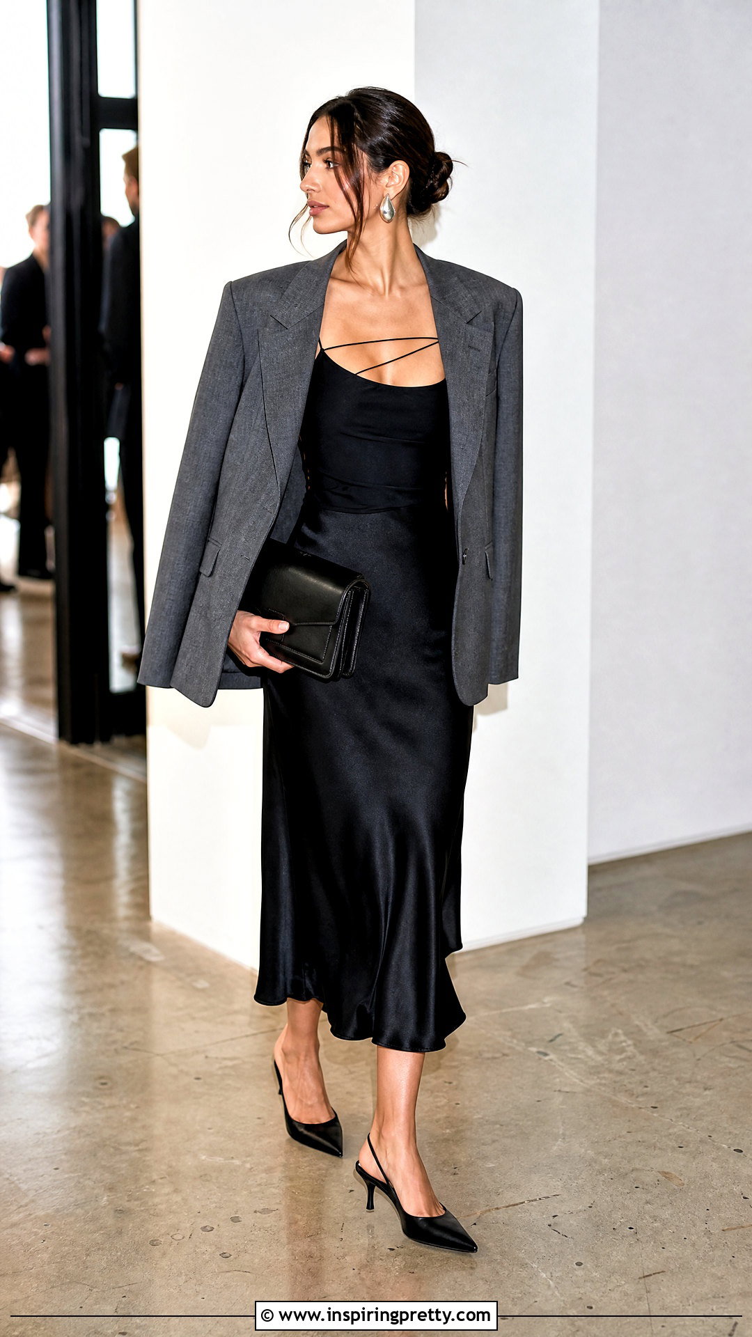 Strappy Black Top With Black Slip Skirt And Blazer - 20 Strappy Black Top Fashion outfit ideas