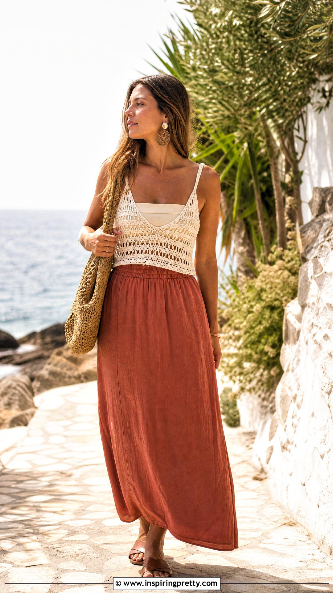 Strappy Crochet Beach Top With Maxi Skirt - 50 beach tops outfit ideas