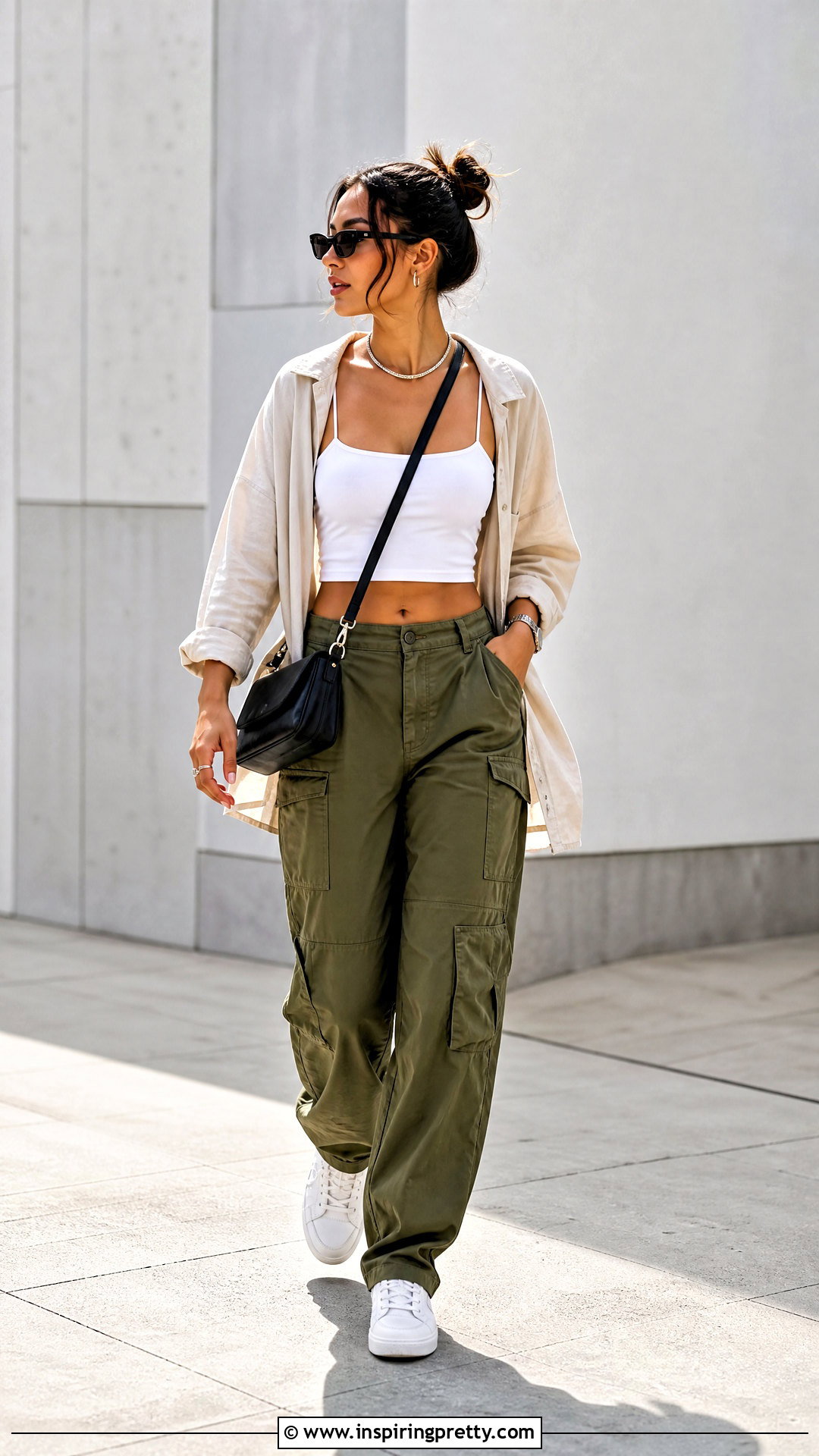 Strappy White Crop Top With Cargo Pants - 20 strappy white crop top outfit ideas