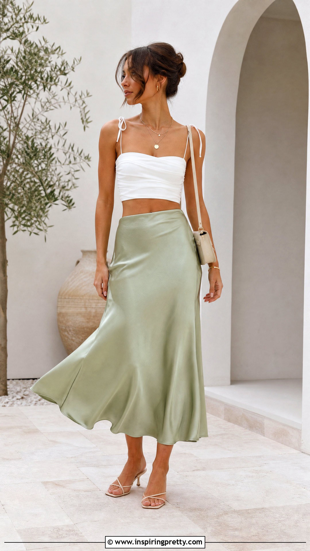 Strappy White Crop Top With Satin Midi Skirt - 20 strappy white crop top outfit ideas