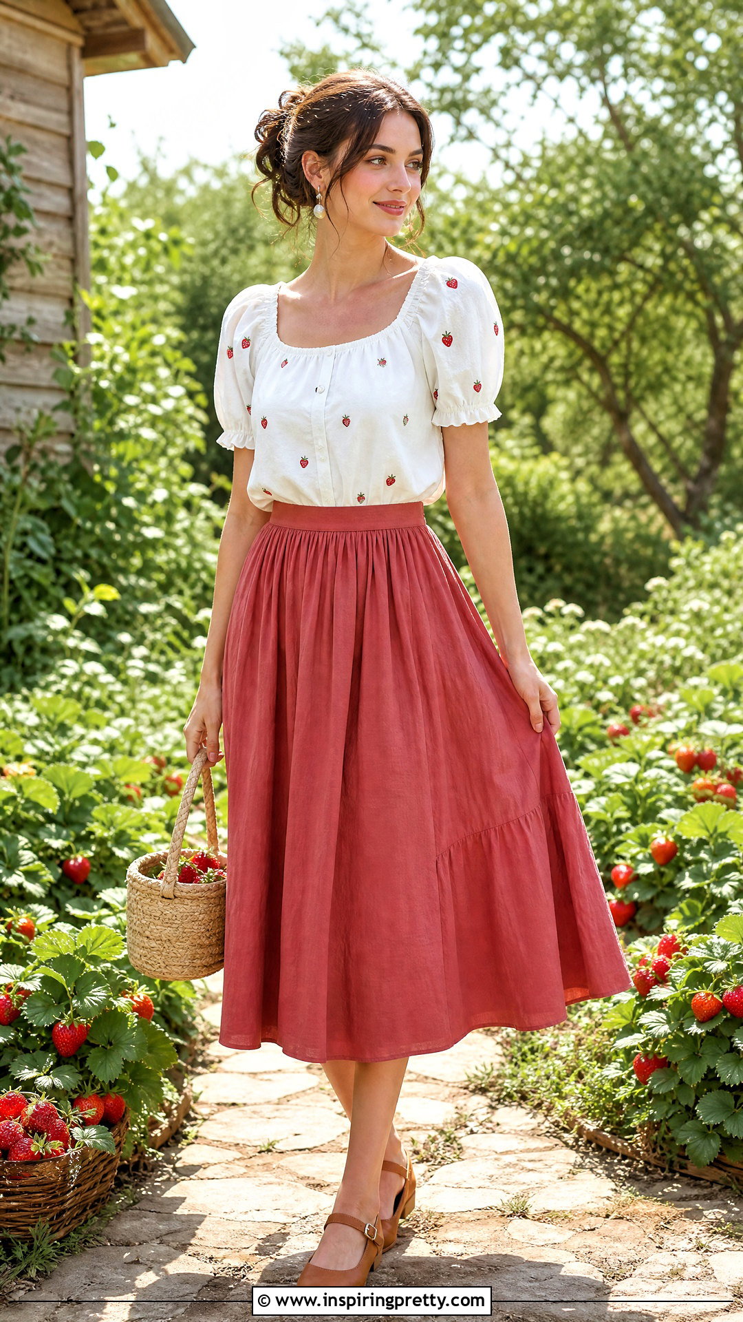 Strawberry Embroidered Cottagecore Top With Red Skirt - 25 Cottagecore Tops For Women