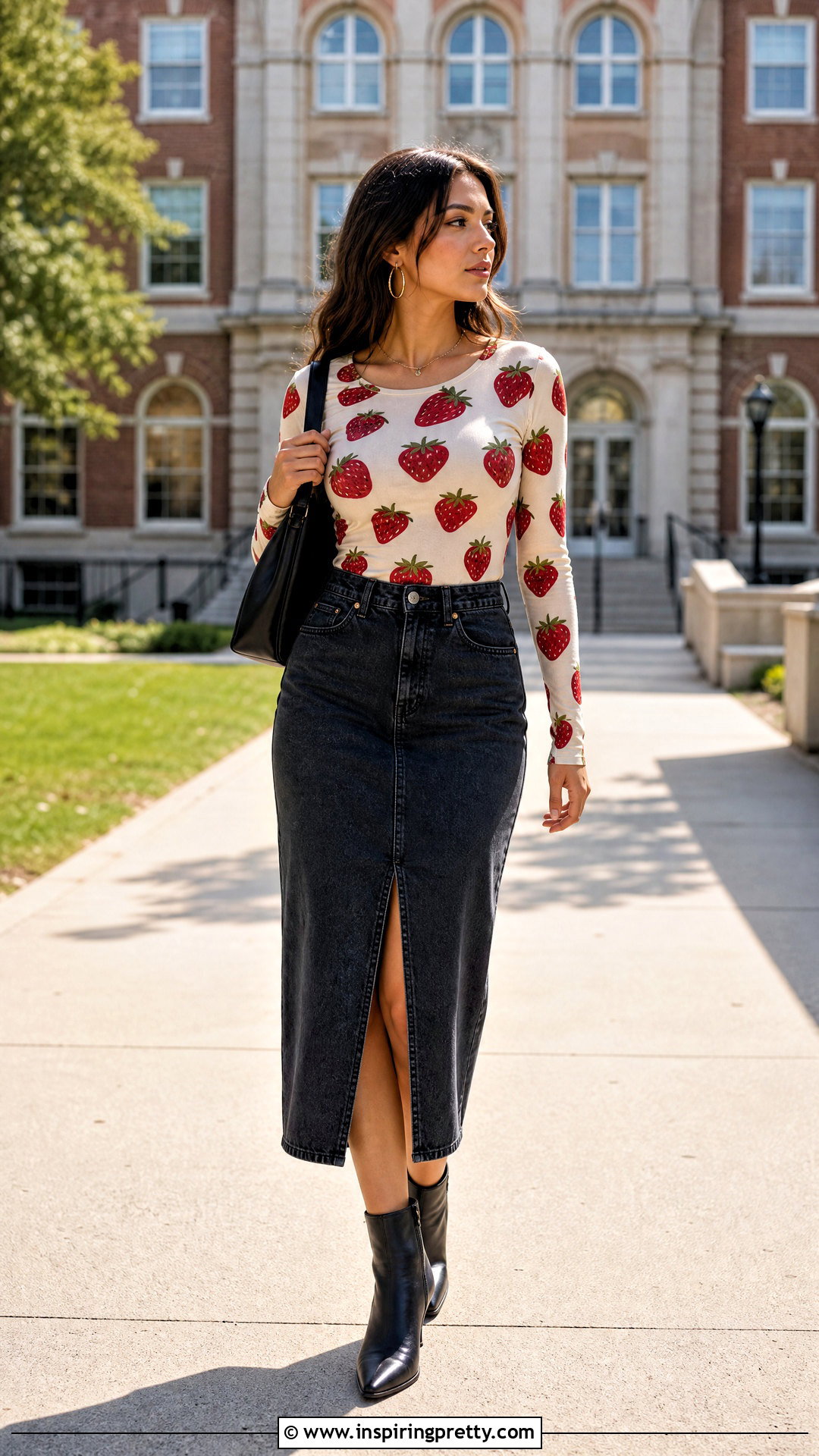 Strawberry Long Sleeve Top With Denim Skirt - 20 Urban Outfitters Strawberry Tops
