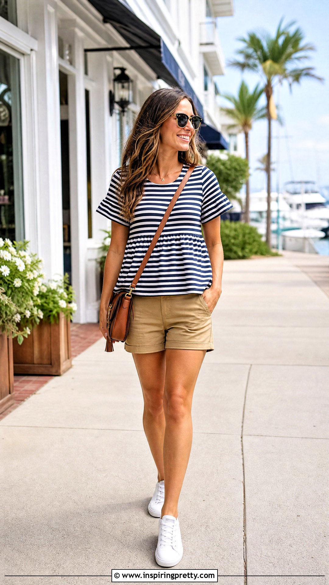 Striped Baby Doll Top With Khaki Shorts - 50 Baby Doll Top Outfit ideas