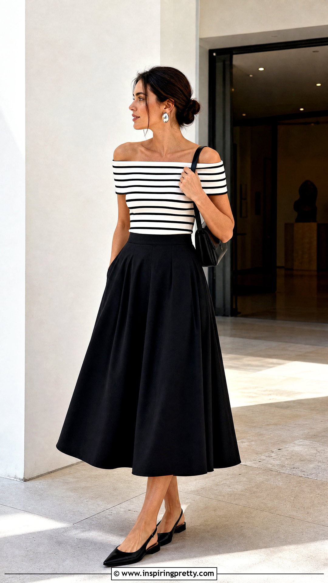 Striped Bardot Top With Black Midi Skirt - 20 Striped Bardot Top outfit ideas