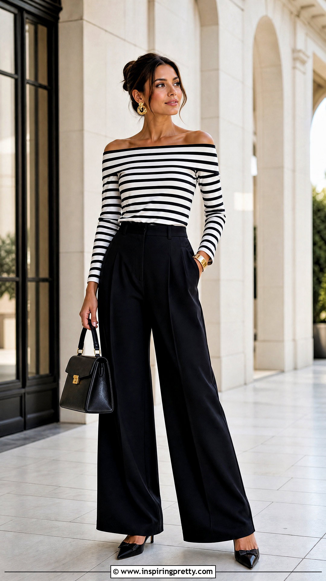 Striped Bardot Top With Black Wide Leg Trousers - 20 Striped Bardot Top outfit ideas