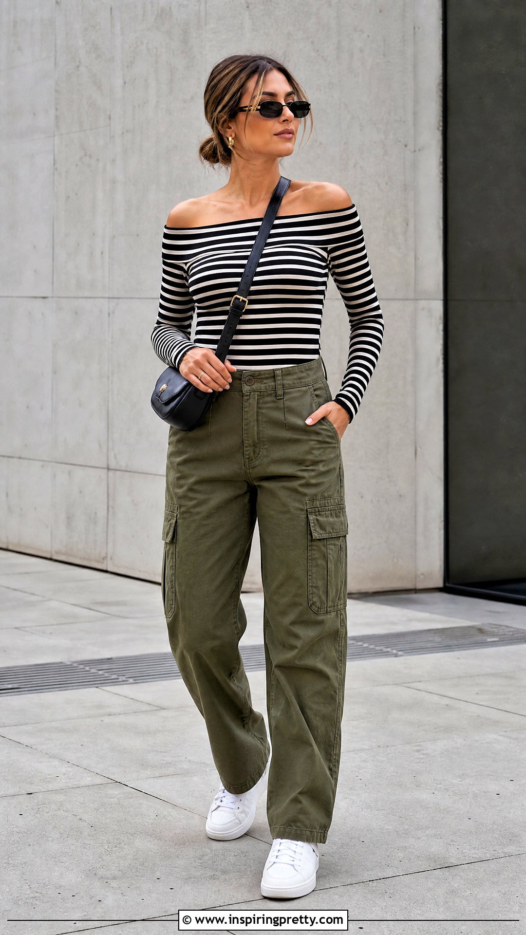 Striped Bardot Top With Cargo Pants - 20 Striped Bardot Top outfit ideas