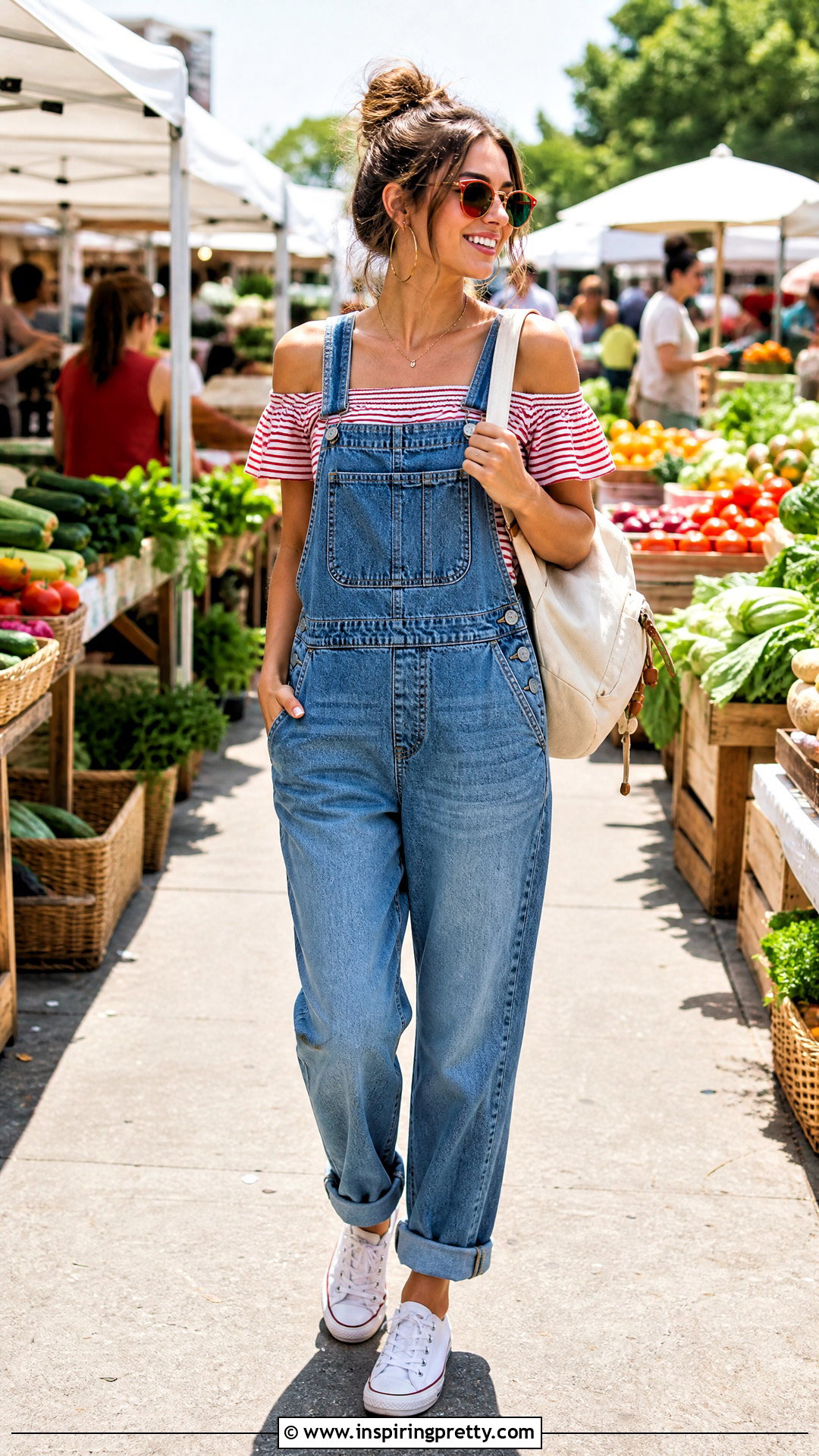 Striped Bardot Top With Denim Overalls - 20 Striped Bardot Top outfit ideas
