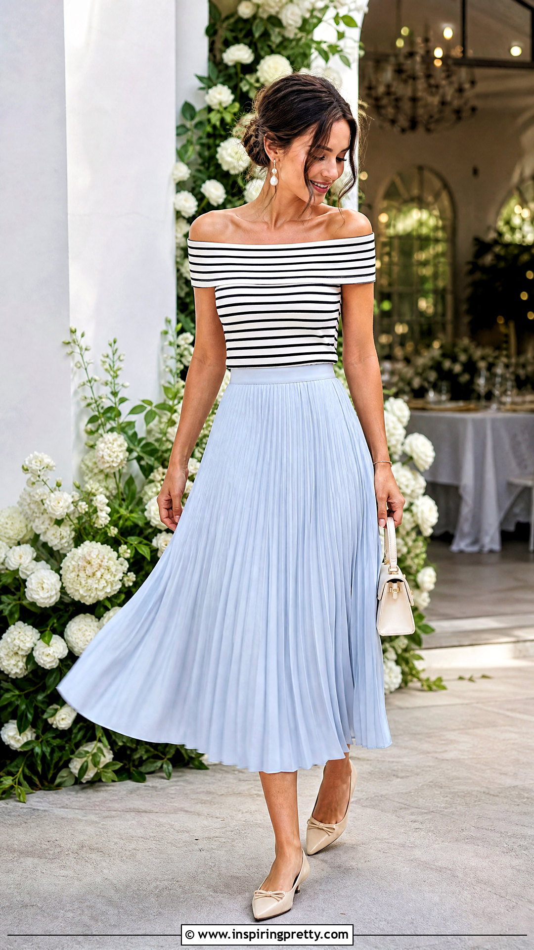 Striped Bardot Top With Pleated Midi Skirt - 20 Striped Bardot Top outfit ideas