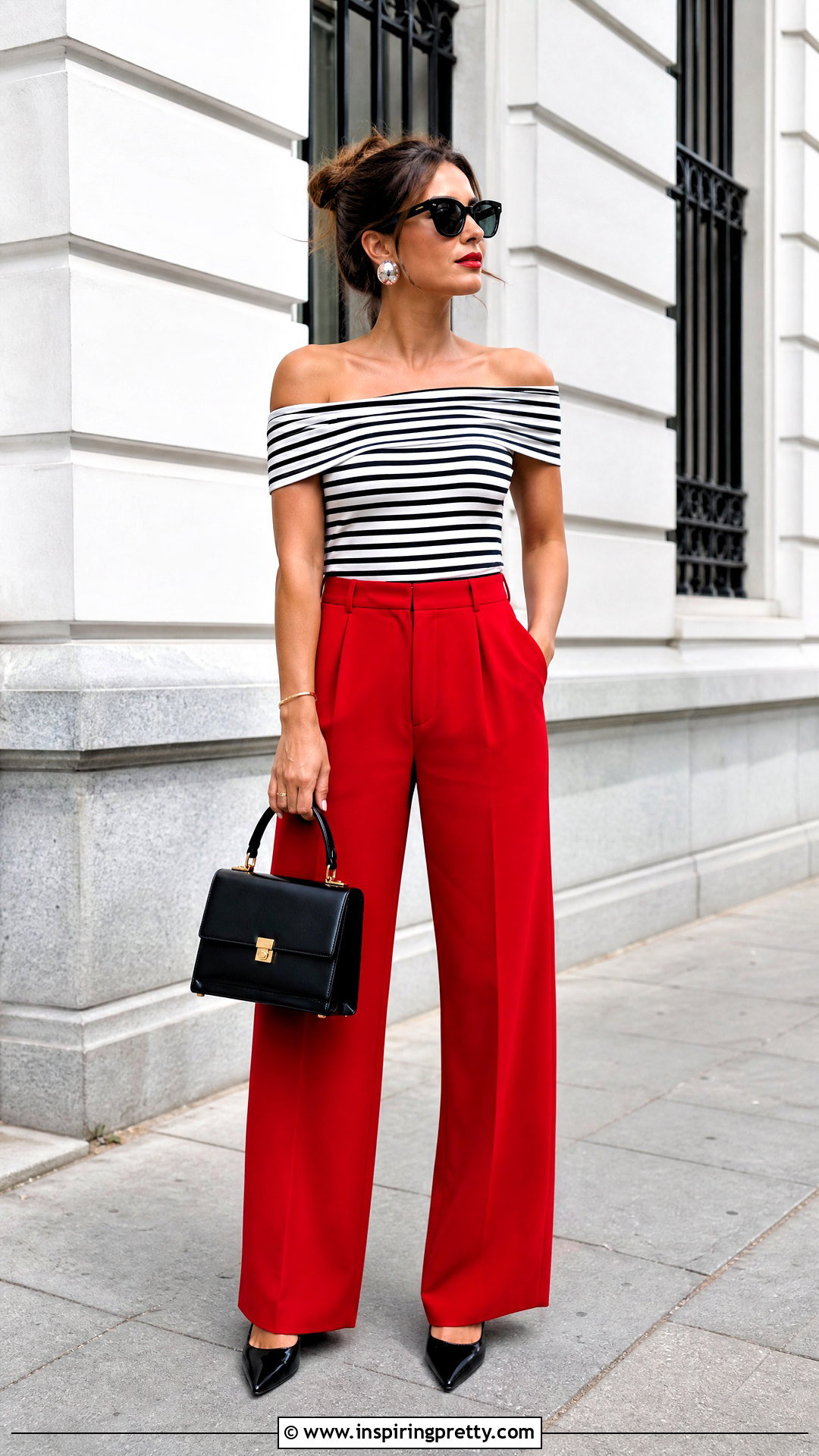 Striped Bardot Top With Red Trousers - 20 Striped Bardot Top outfit ideas