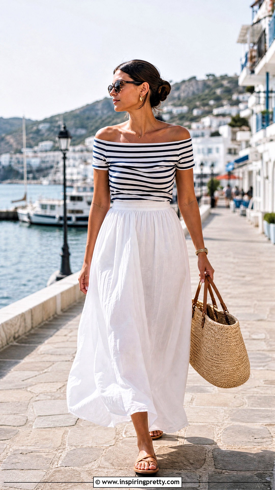 Striped Bardot Top With White Maxi Skirt - 20 Striped Bardot Top outfit ideas