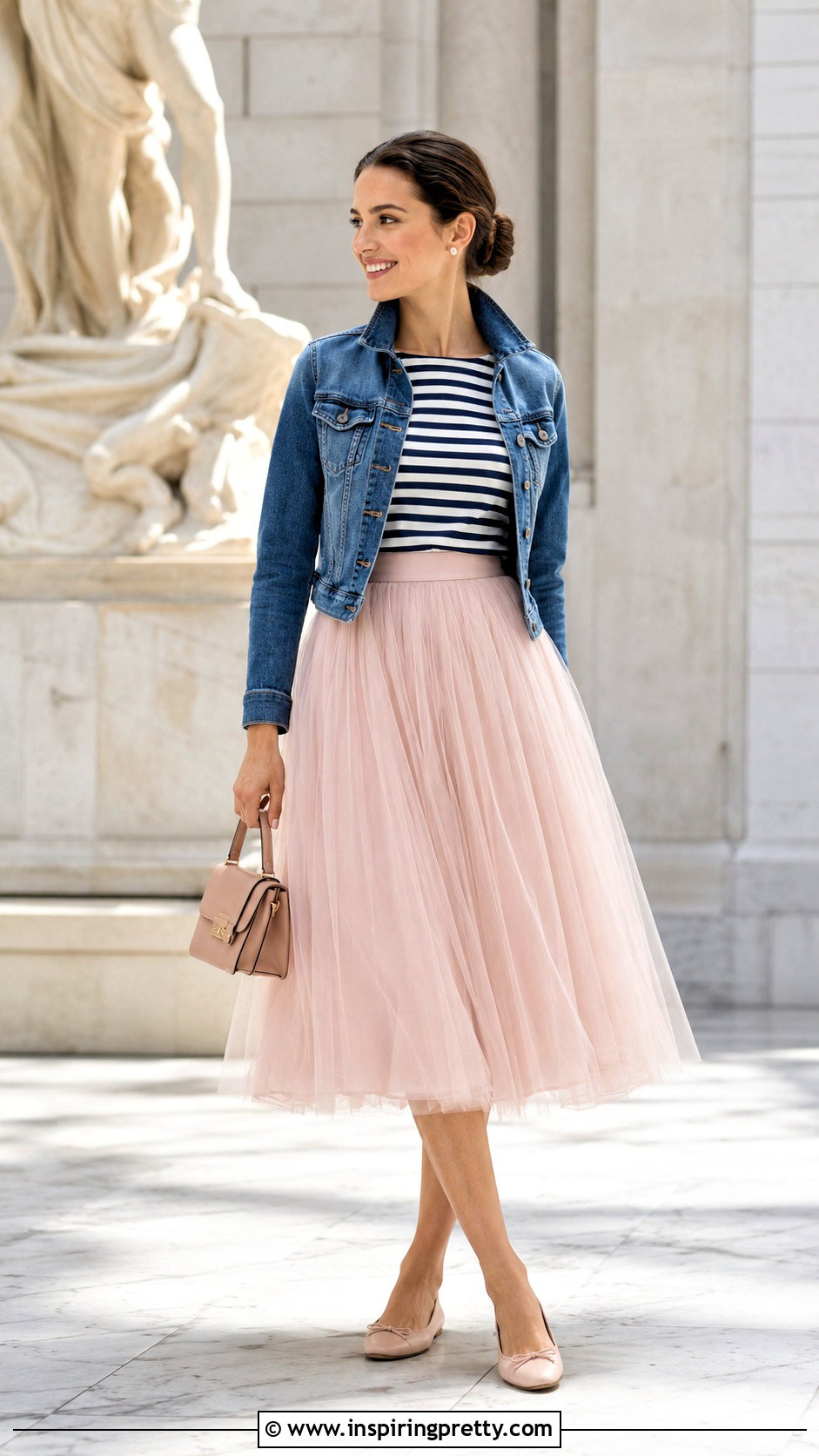 Striped Boatneck Top With Tulle Midi Skirt - 20 striped top and skirt style ideas