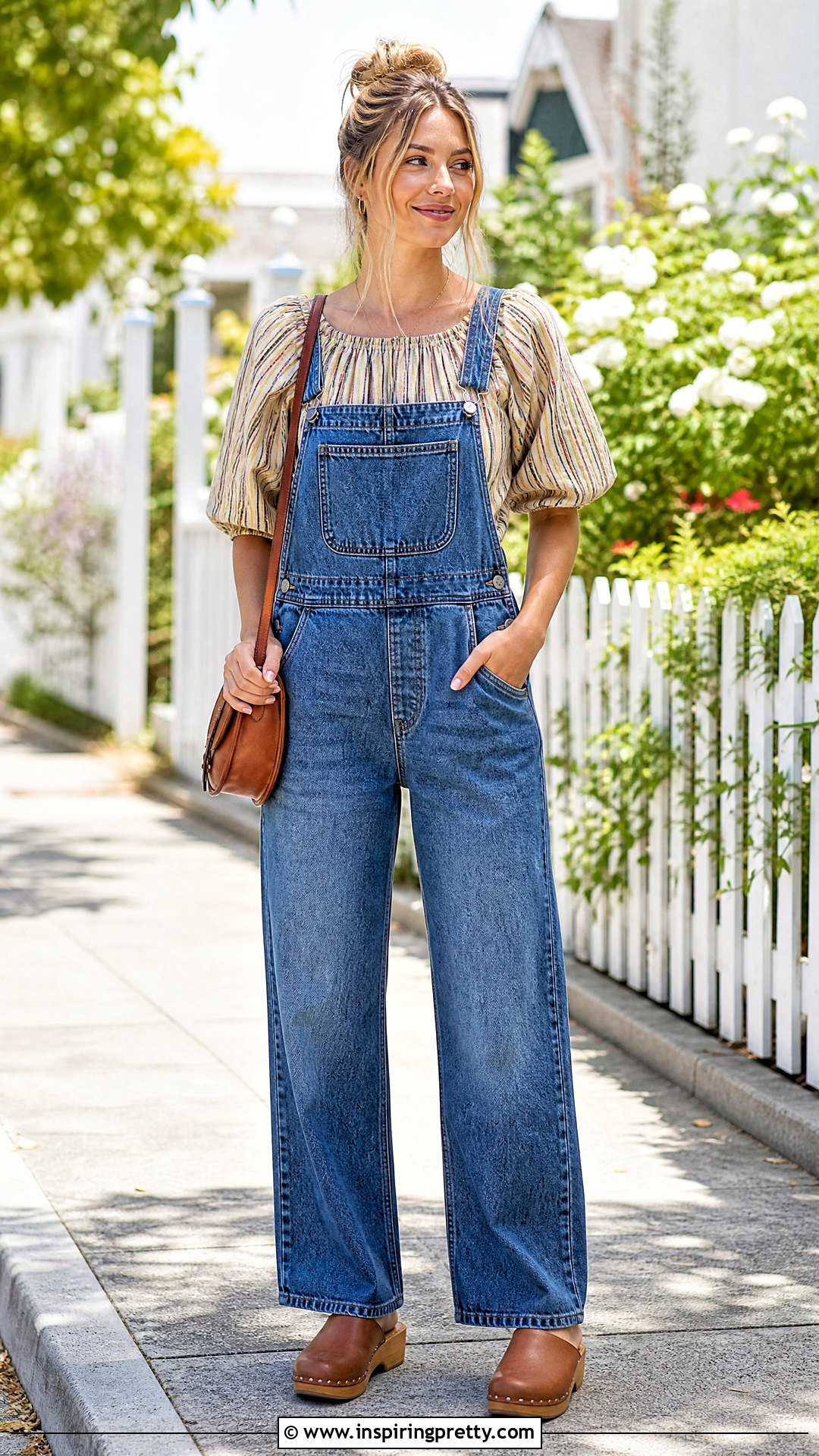 Striped Boho Top With Denim Overalls - 20 striped boho top outfit ideas