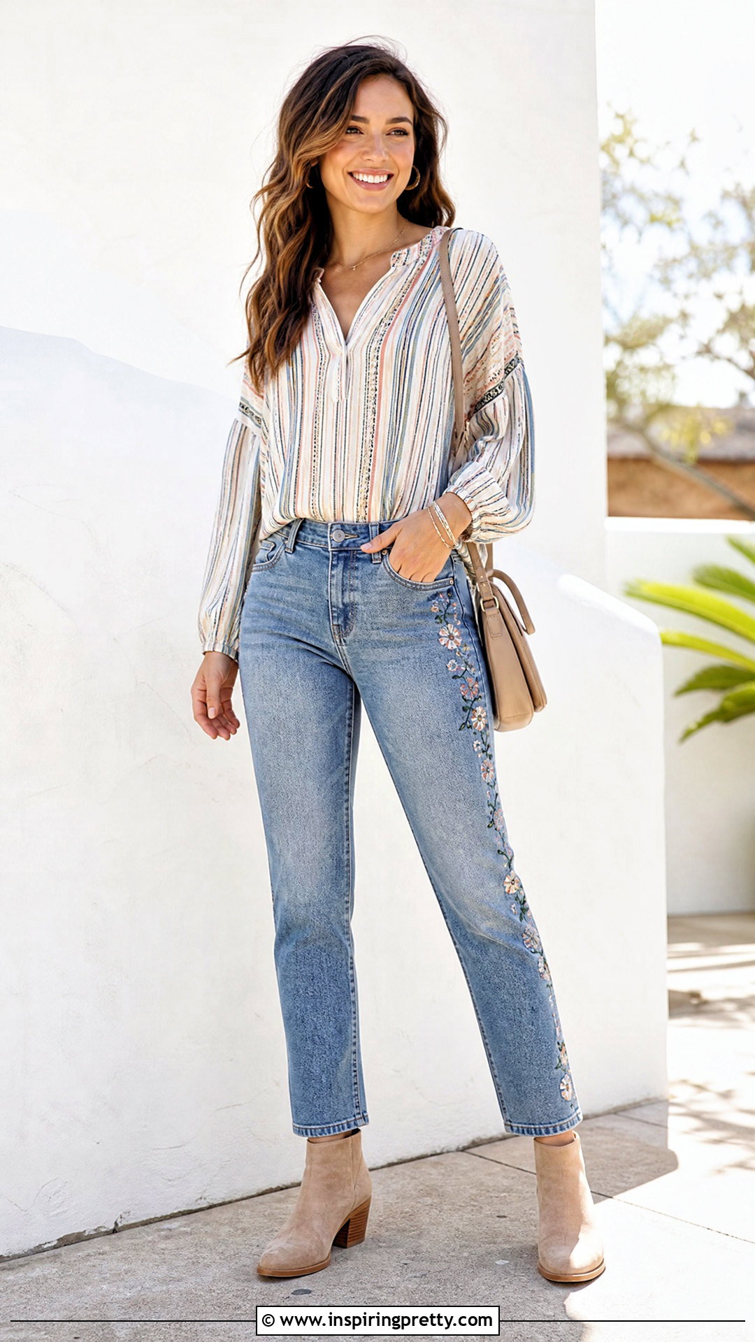 Striped Boho Top With Embroidered Jeans - 20 striped boho top outfit ideas