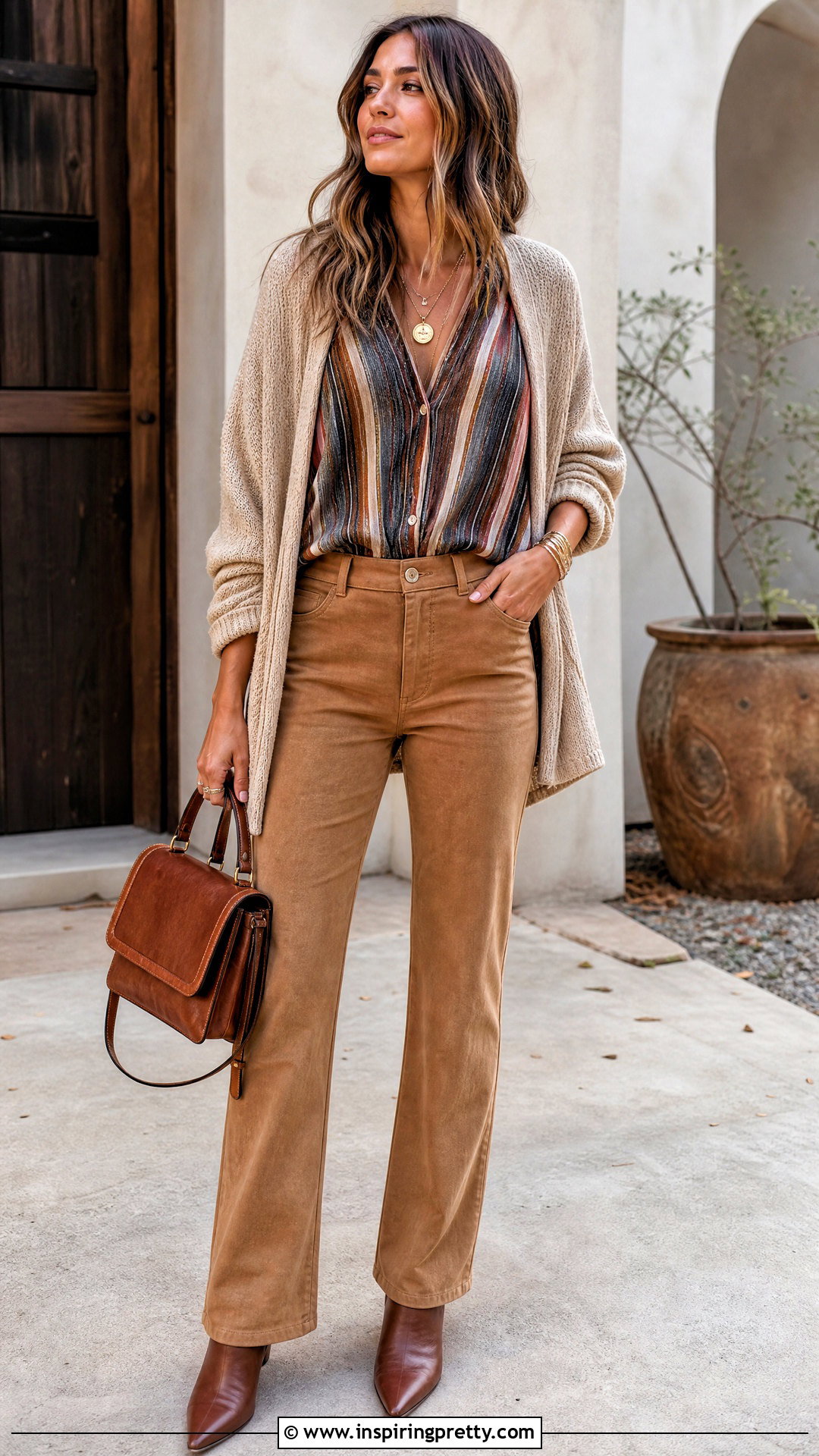 Striped Boho Top With Faux Suede Pants - 20 striped boho top outfit ideas