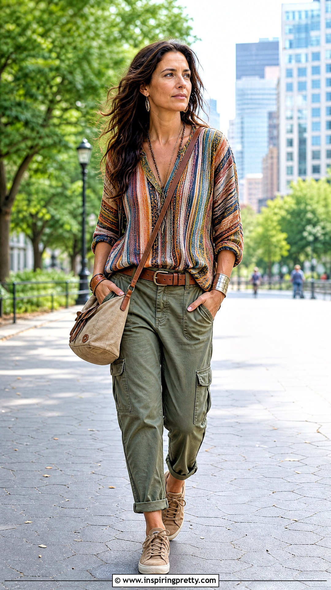 Striped Boho Top With Olive Cargo Pants - 20 striped boho top outfit ideas