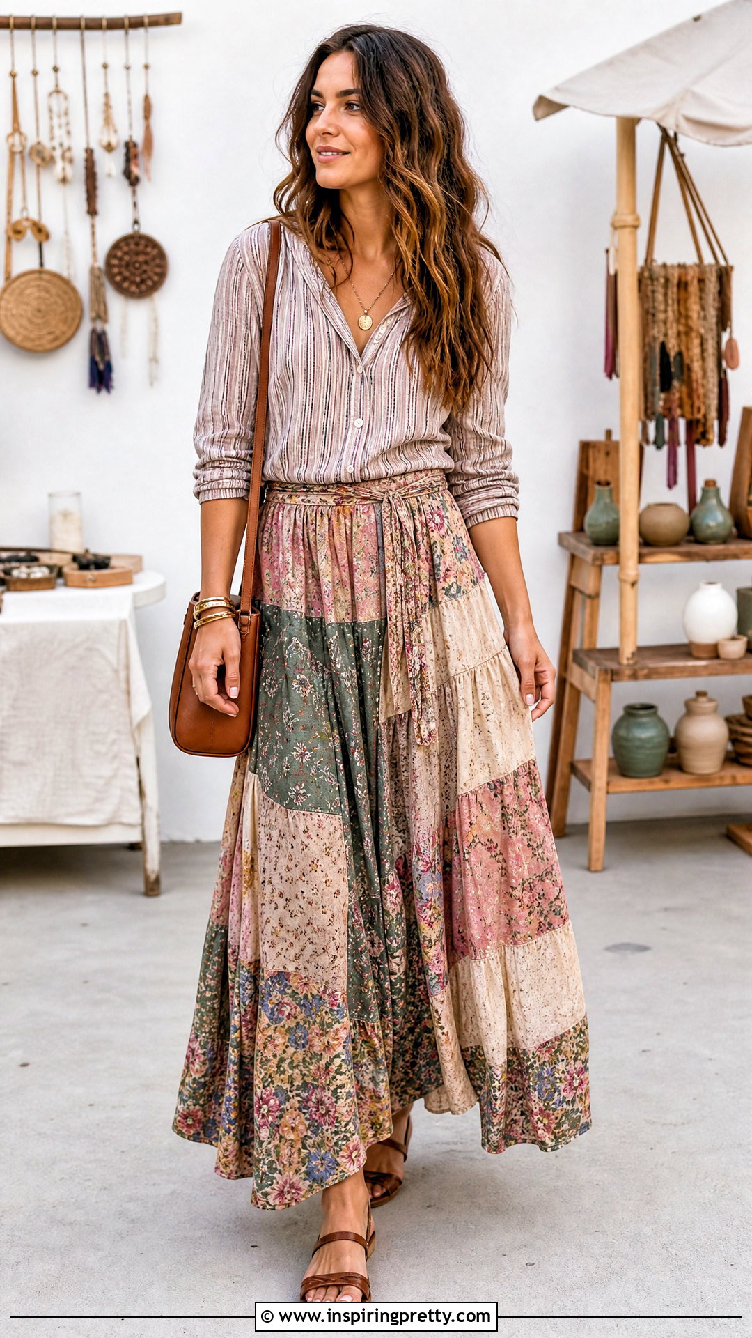 Striped Boho Top With Patchwork Maxi Skirt - 20 striped boho top outfit ideas