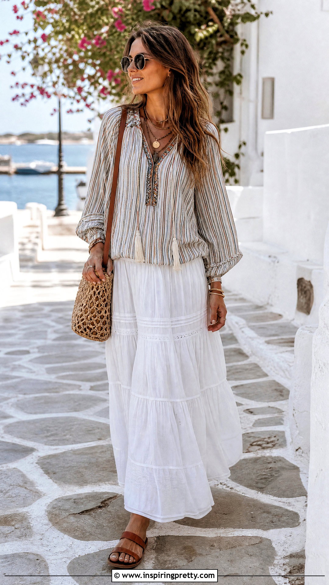 Striped Boho Top With White Maxi Skirt - 20 striped boho top outfit ideas