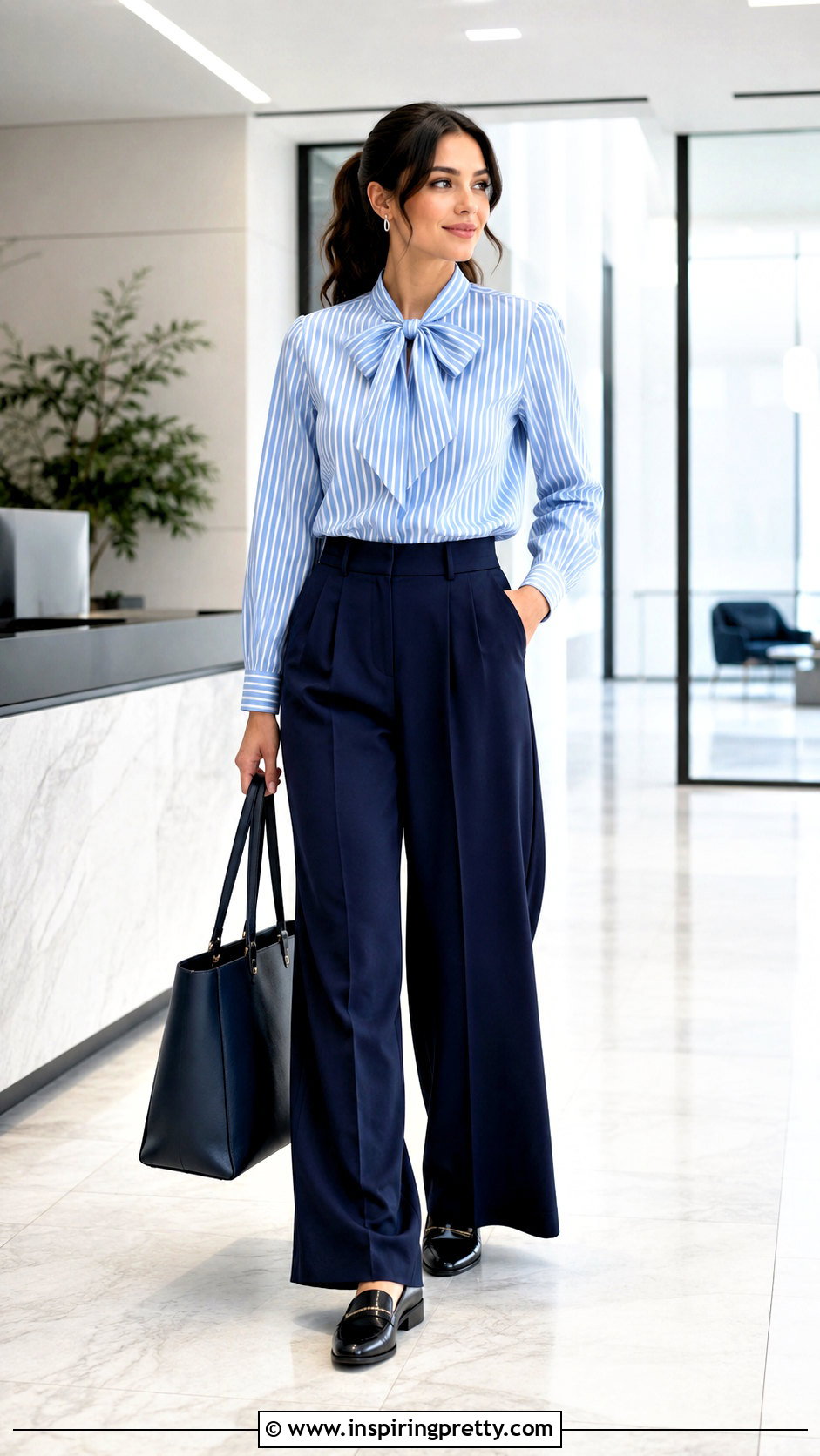 Striped Bow Top Blouse With Pleated Pants - 20 Bow Top Blouse outfits
